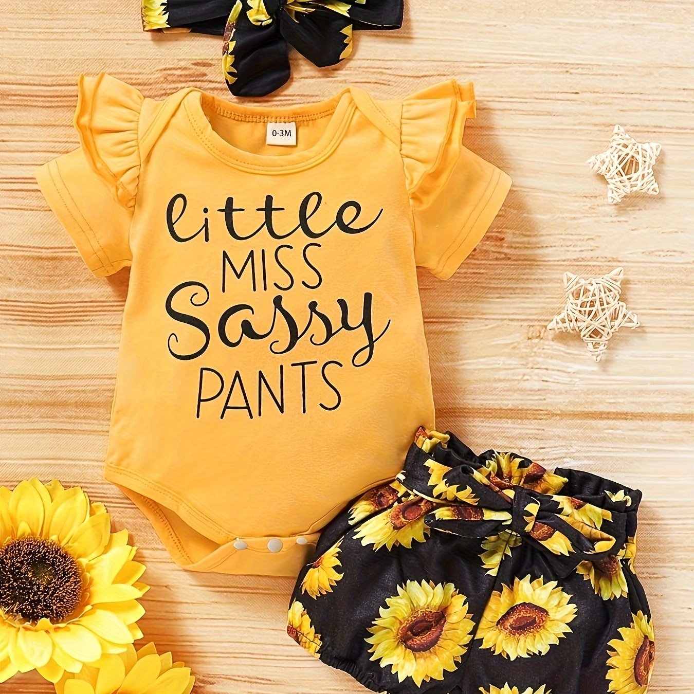Adorable &*;* Pants&*; Cotton Outfit for Baby Girls Yellow  Ruffle-Sleeve Onesie Sunflower Shorts Set, Machine Washable, Baby Girl