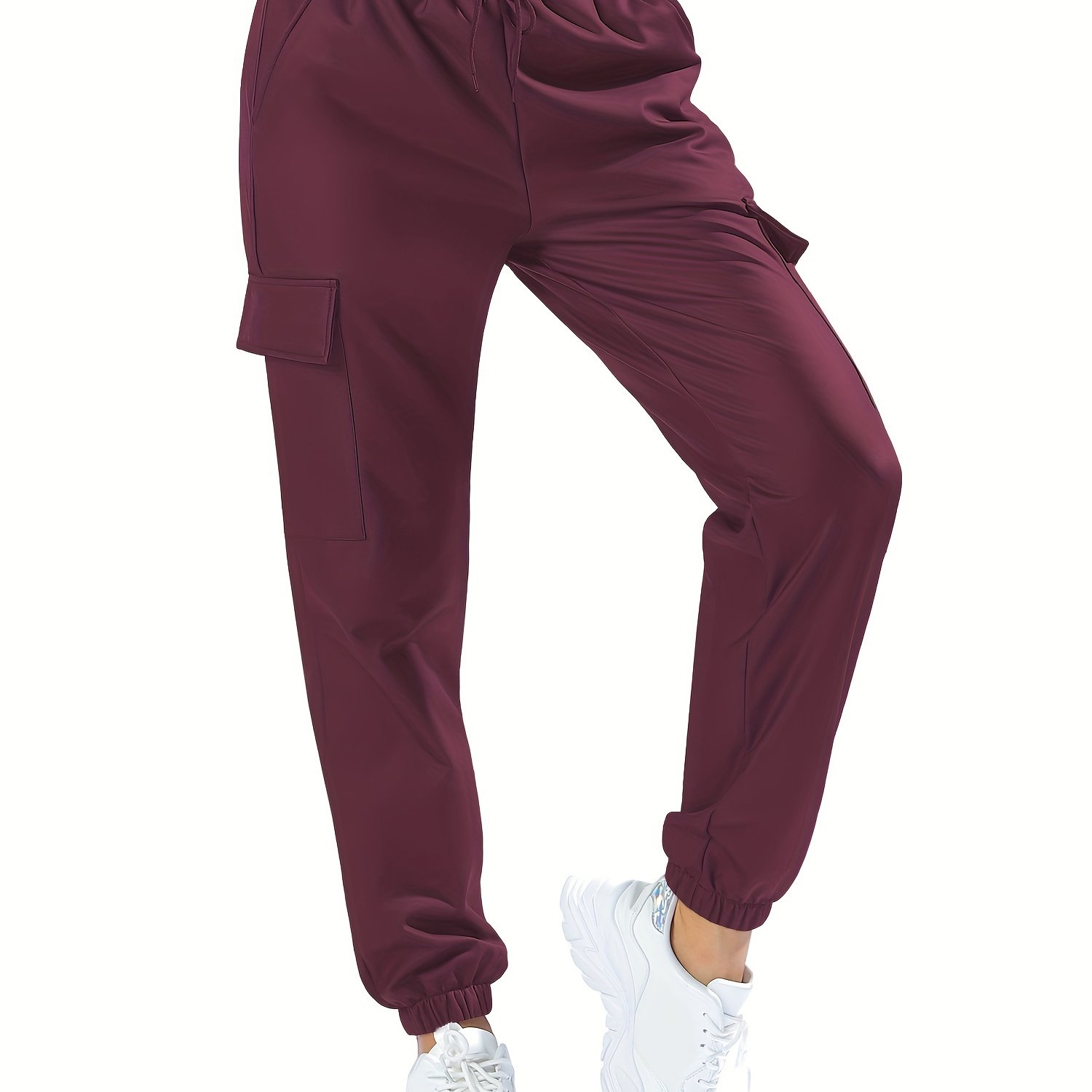 Drawstring Flap Pockets Jogger Pants, Vintage Solid Faux Leather Cargo Pants,  Women's Clothing, Check Out Today's Deals Now