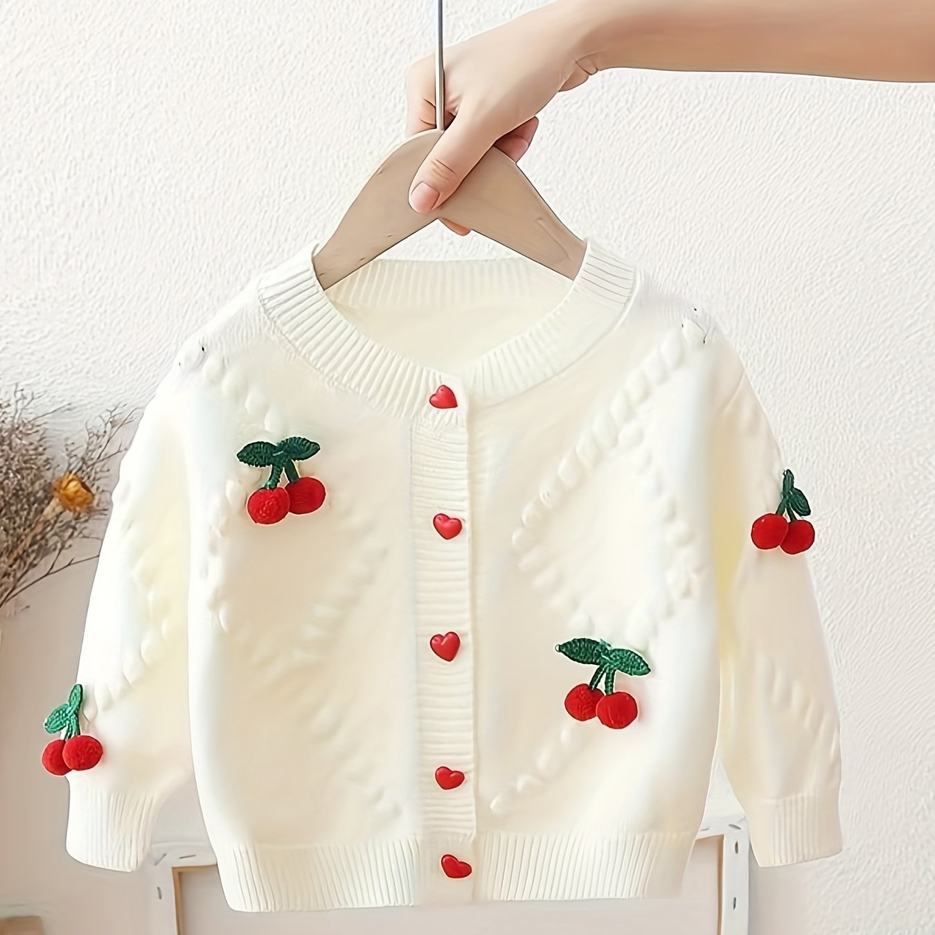 Image of Girls' Knit Cardigan Fall Winter New Girly Korean Sweater Children's Cherry Coat
