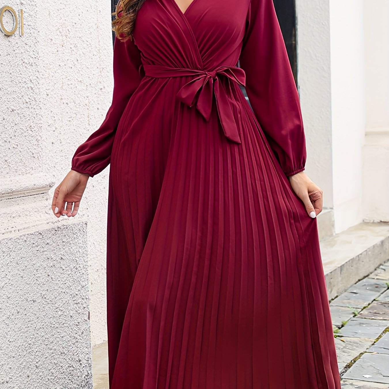 elegant solid v neck belted dress long sleeve ankle dress for party banquet womens clothing