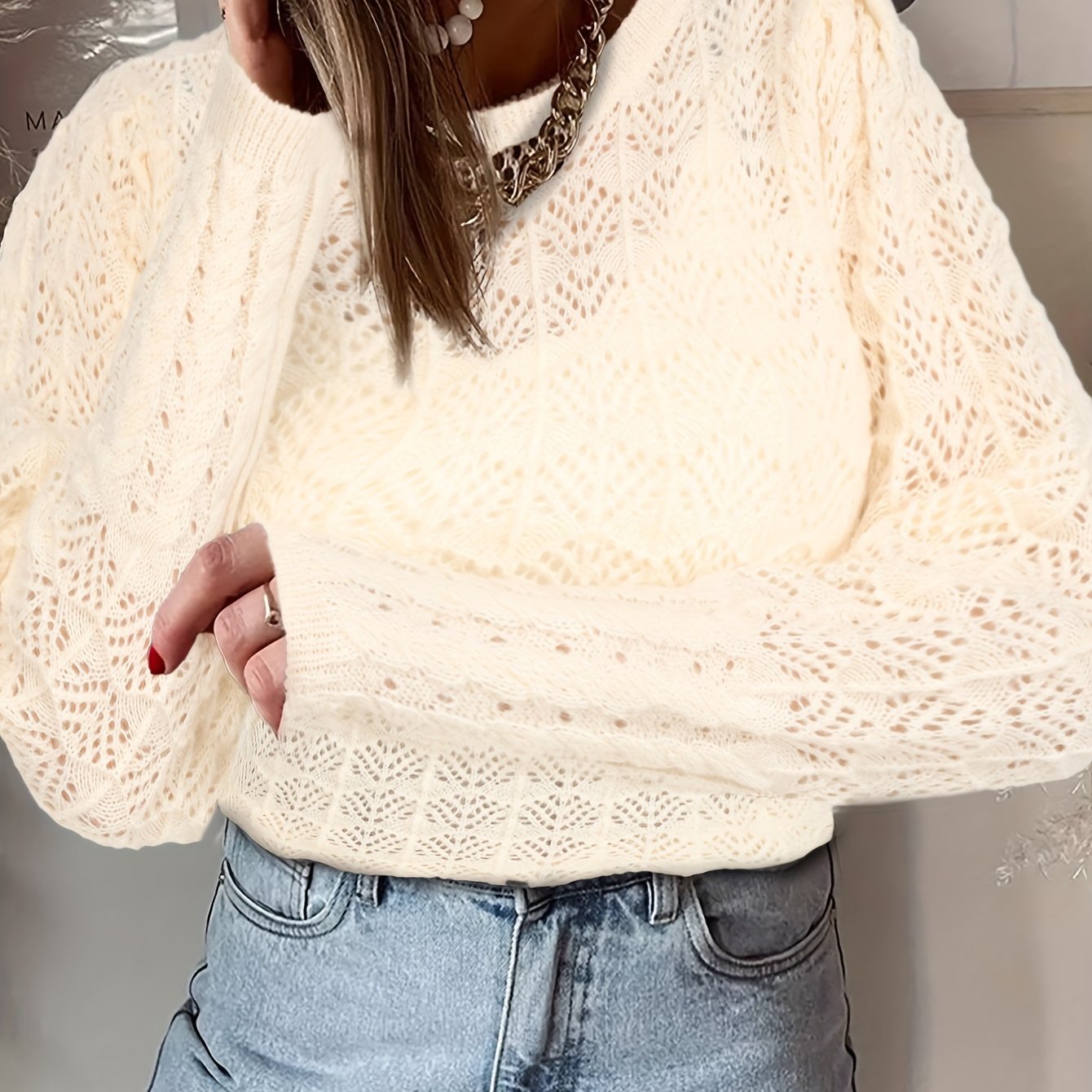 Lace V Neck Pointelle Knit Sweater Elegant Long Sleeve - Temu Canada