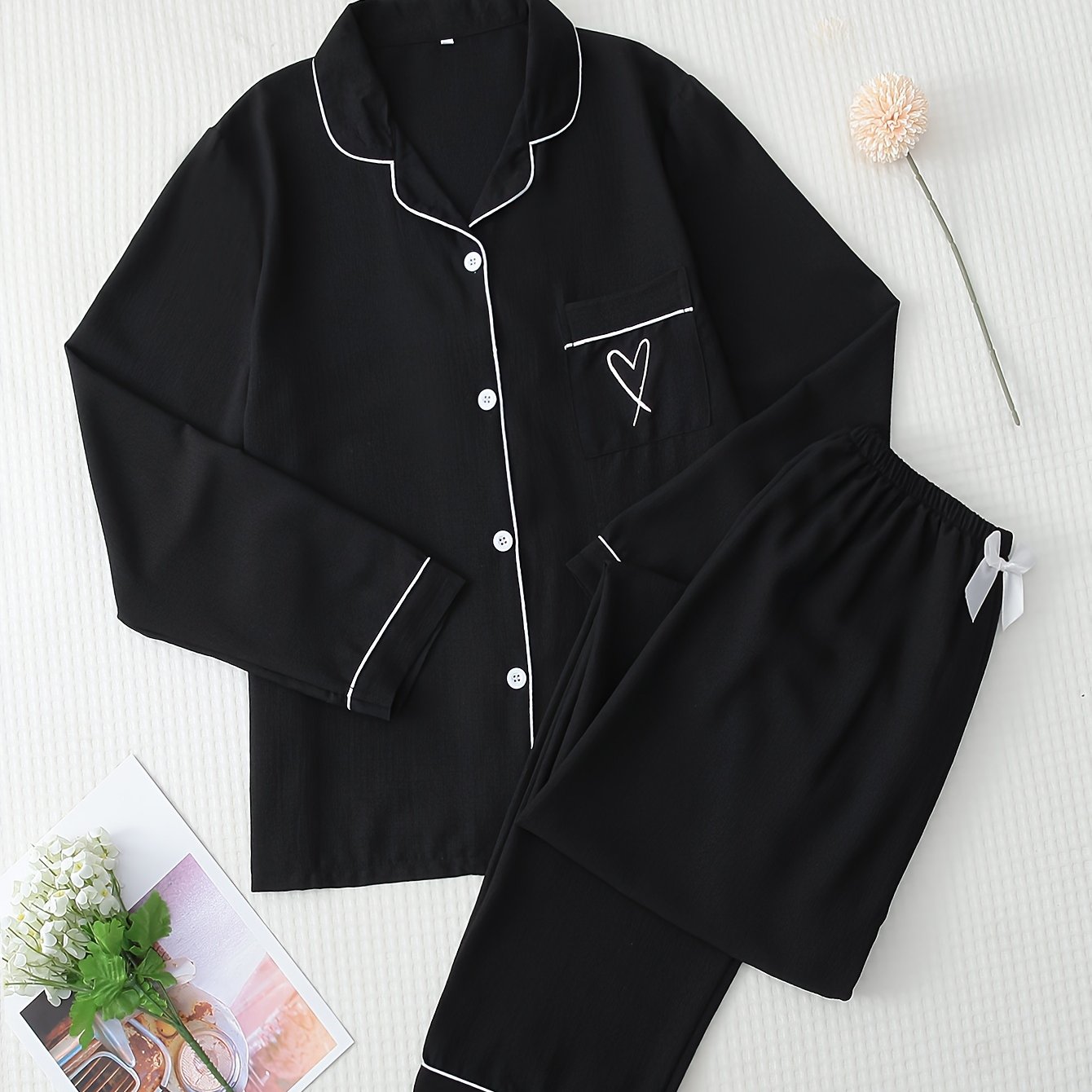 Solid Color Embroidered Heart Collar Women's Pajama Set