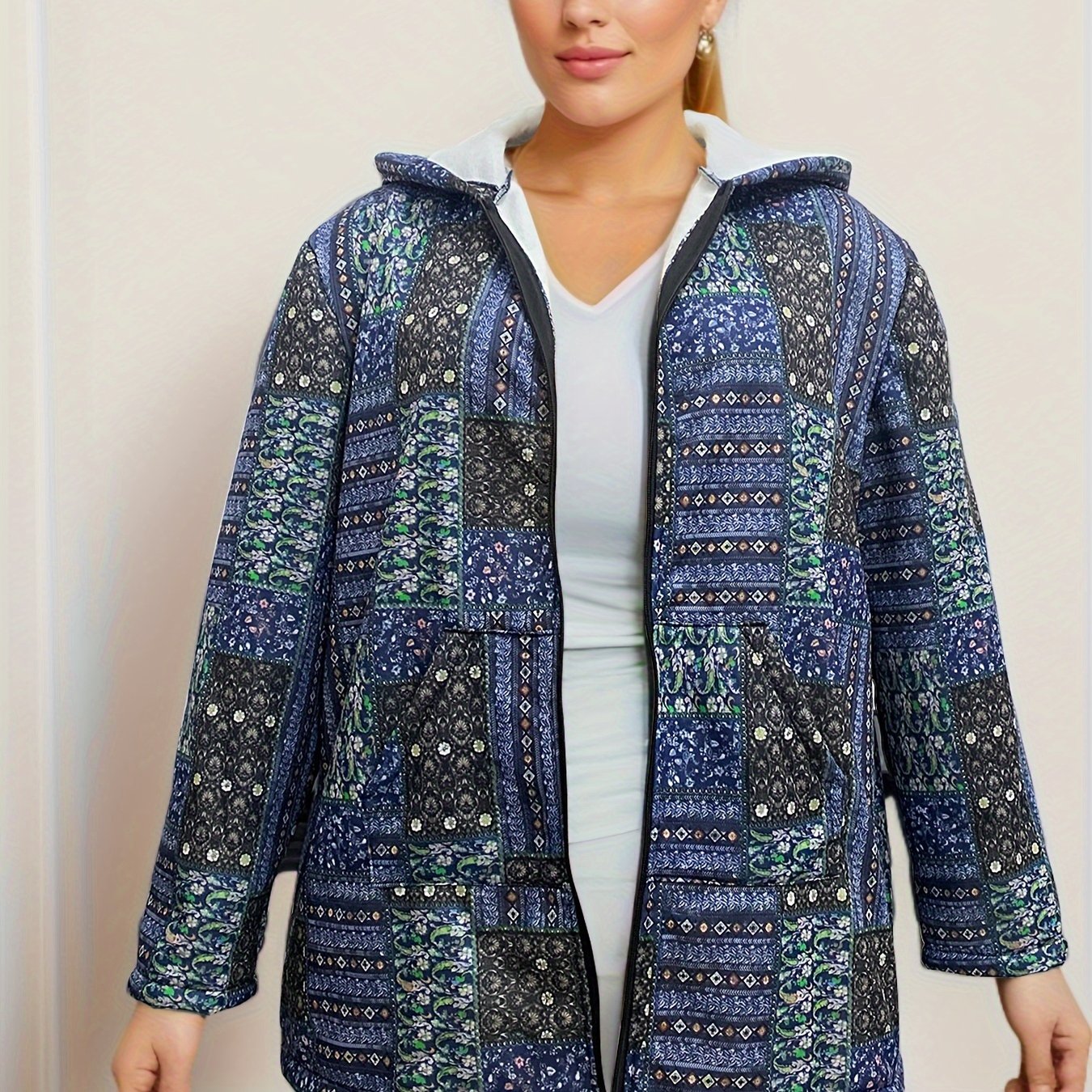 Plus Size Boho Coat, Women's Plus Baroque Print Zip Up Long Sleeve