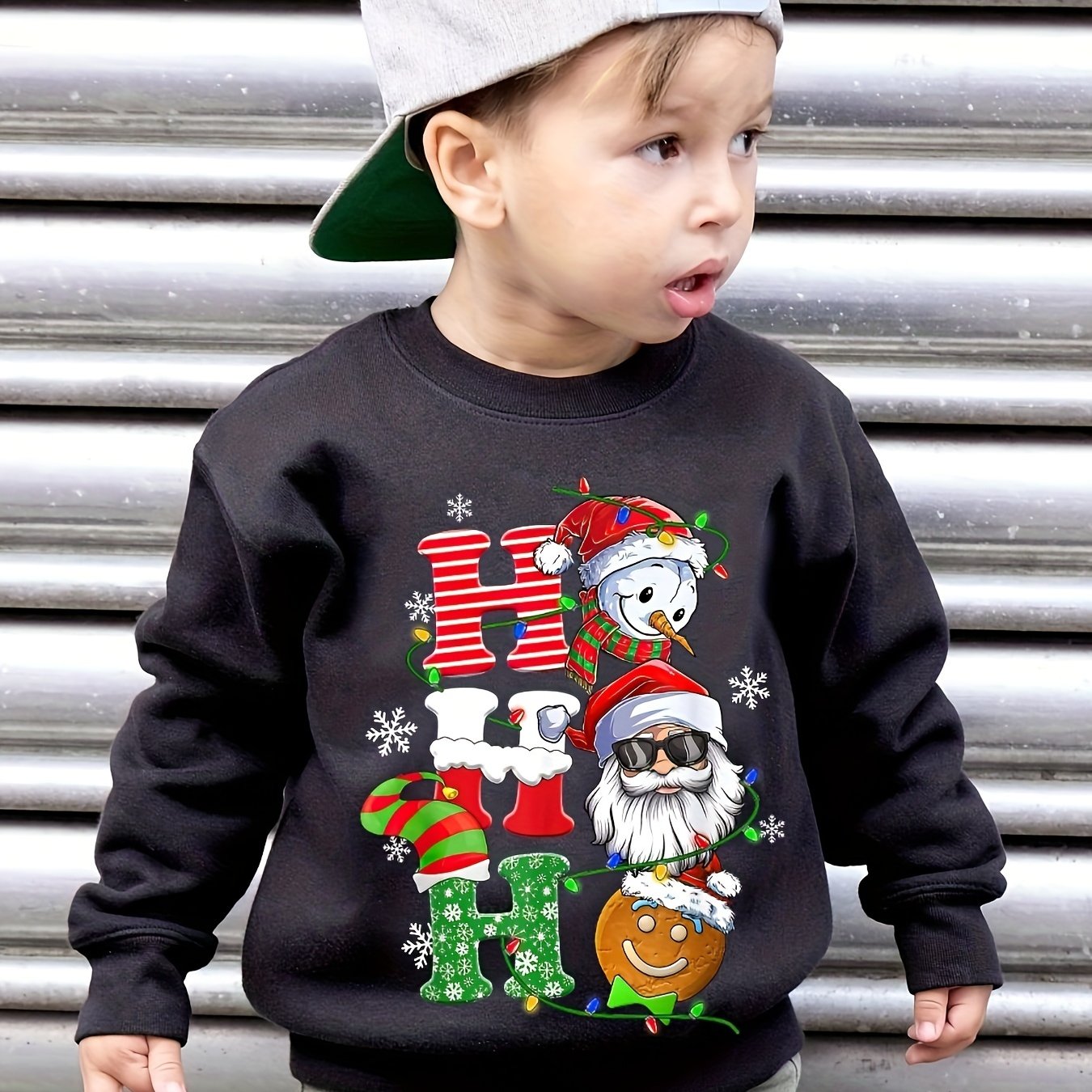 Image of Milkyship Boys' Cozy Fleece-lined Christmas Sweatshirt - Festive Santa & Snowman Print, Casual Long Sleeve Crewneck, Perfect For Fall/winter