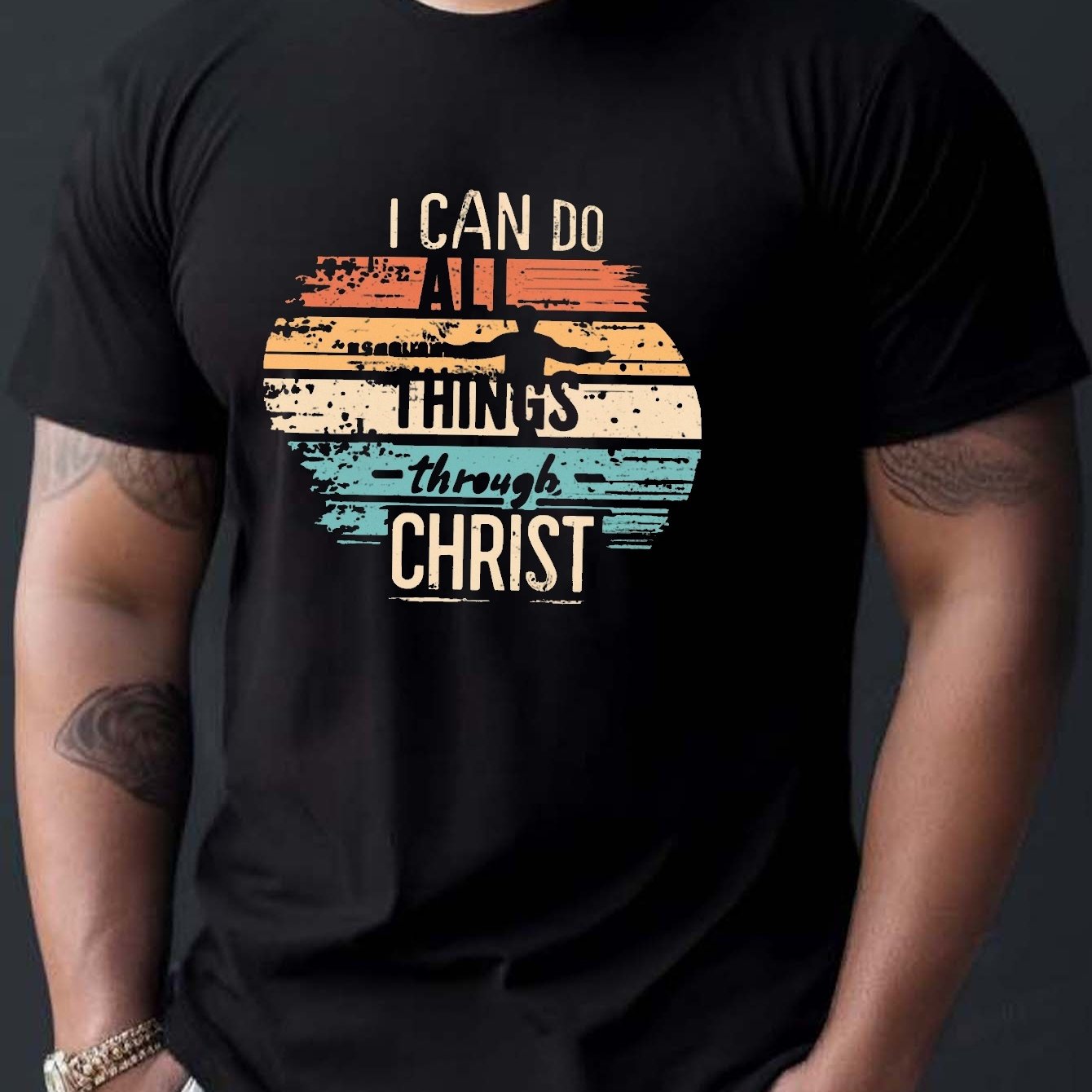 メンズTシャツ - 「キリストにあって万能である」聖句、カジュアル*ティー、教会・日常着・宗教イベントに最適, image size:1340x1340