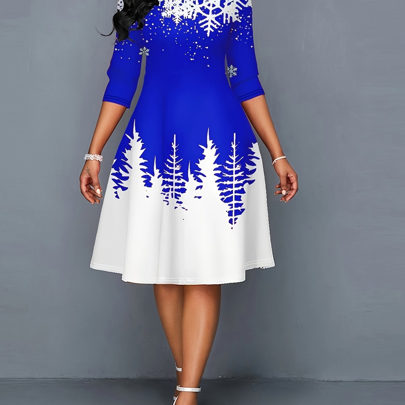Plus Size Christmas Dress, Women's Plus Snowman & Snowflake Print Long  Sleeve Round Neck Medium Stretch Dress