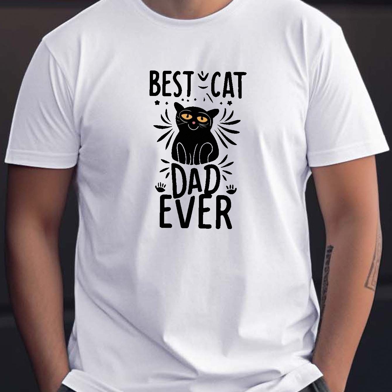 TEMU Best Cat Dad Ever Print Men's Top, Casual Short Sleeve Crew Neck T-shirt, Men's Clothing For Summer Outdoor