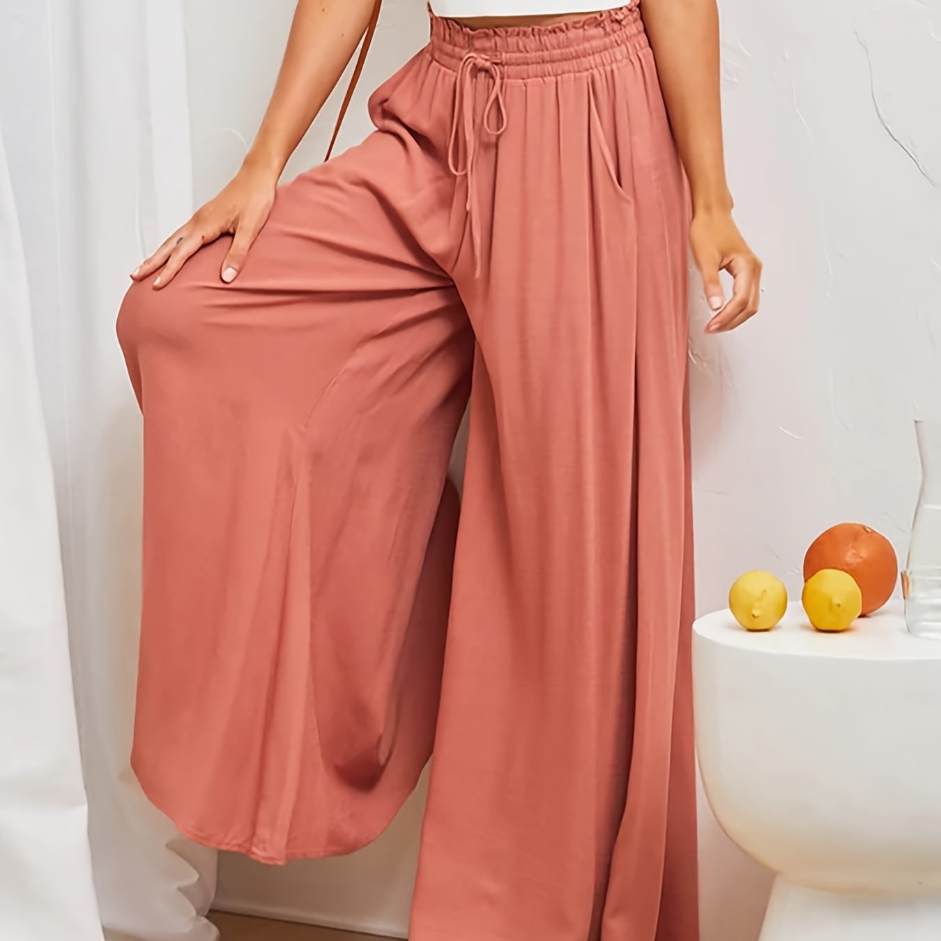 Frothy White Palazzo Pants with Smocked Elastic Waist