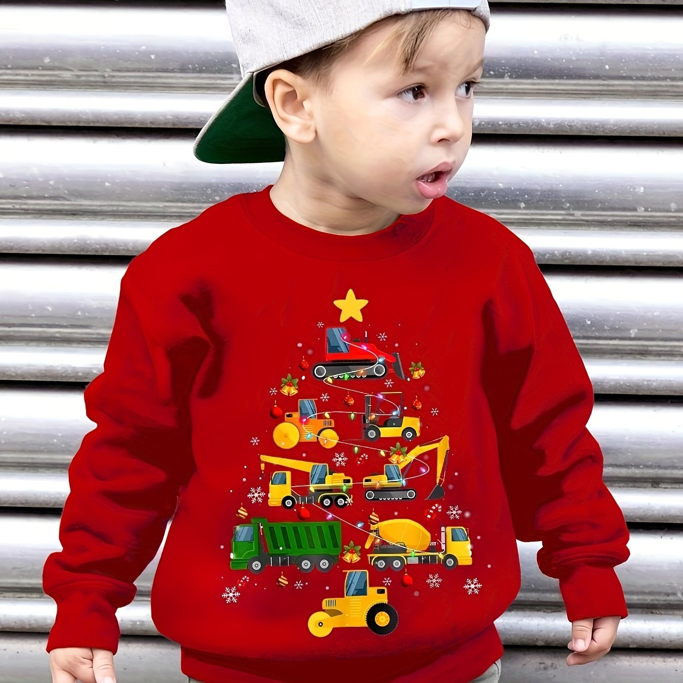 Boys' Autumn/ -lined Sweatshirt With Christmas Snowflake And Excavator Print, Loose Fit Casual Long Sleeve Pullover