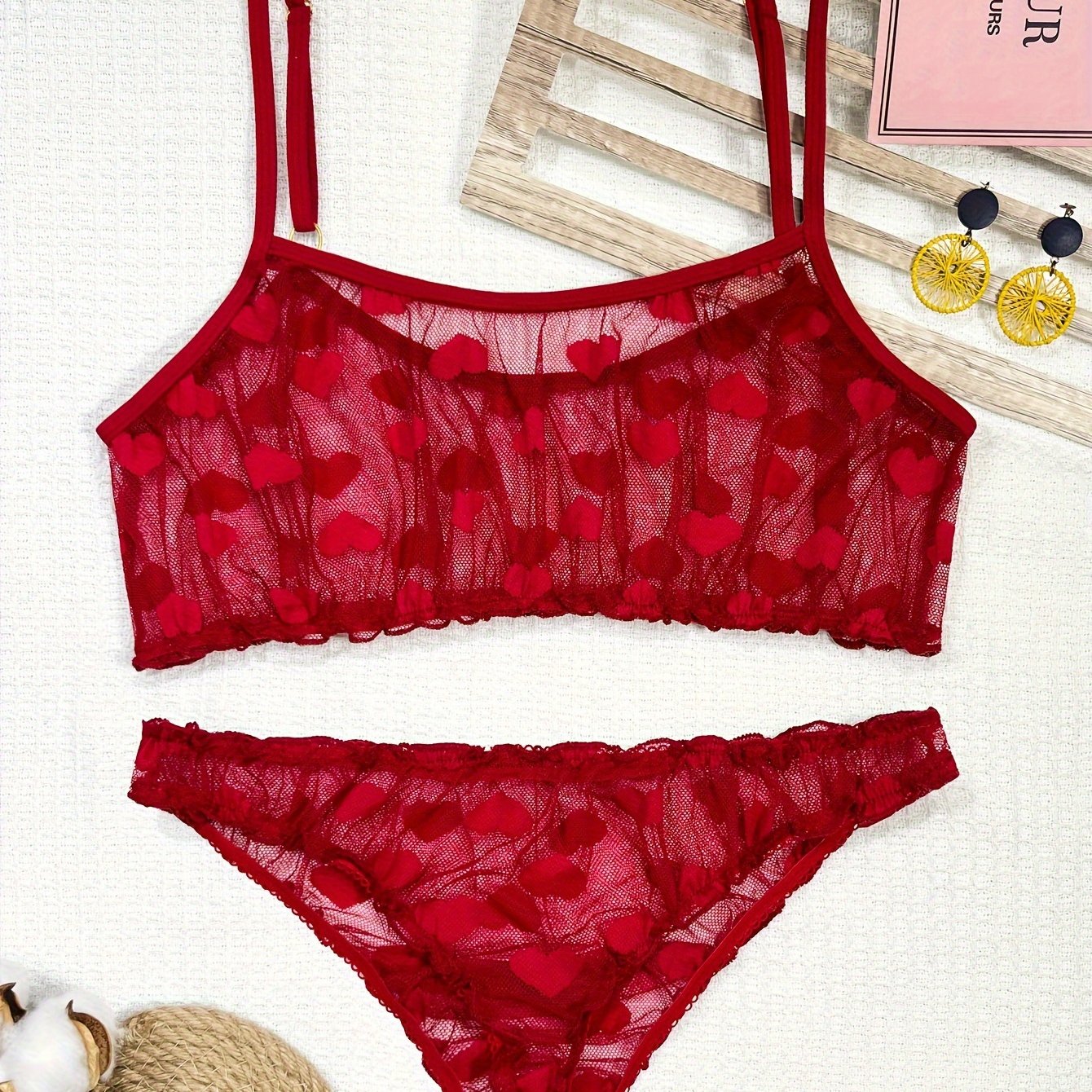 Sexy Mesh Lingerie Set, See Through Heart Print Bra & Sheer G-String,  Women's Lingerie & Underwear