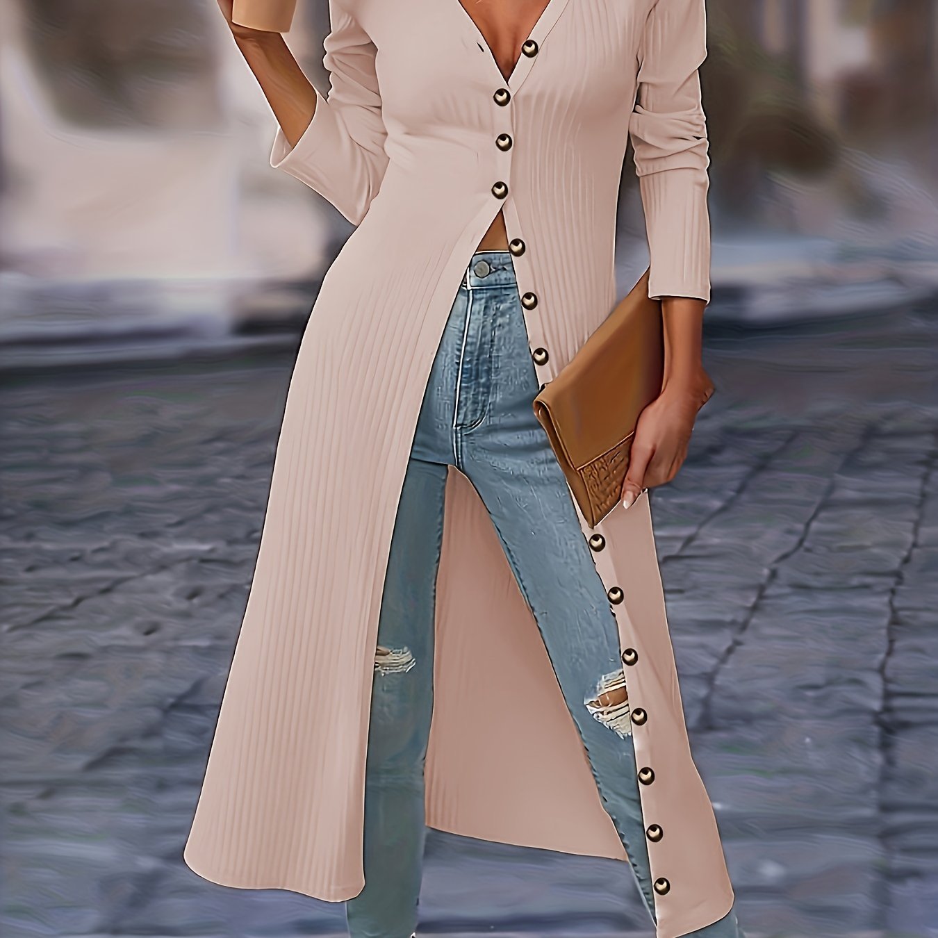 Solid Button Knit Cardigan Elegant Long Sleeve Long Length