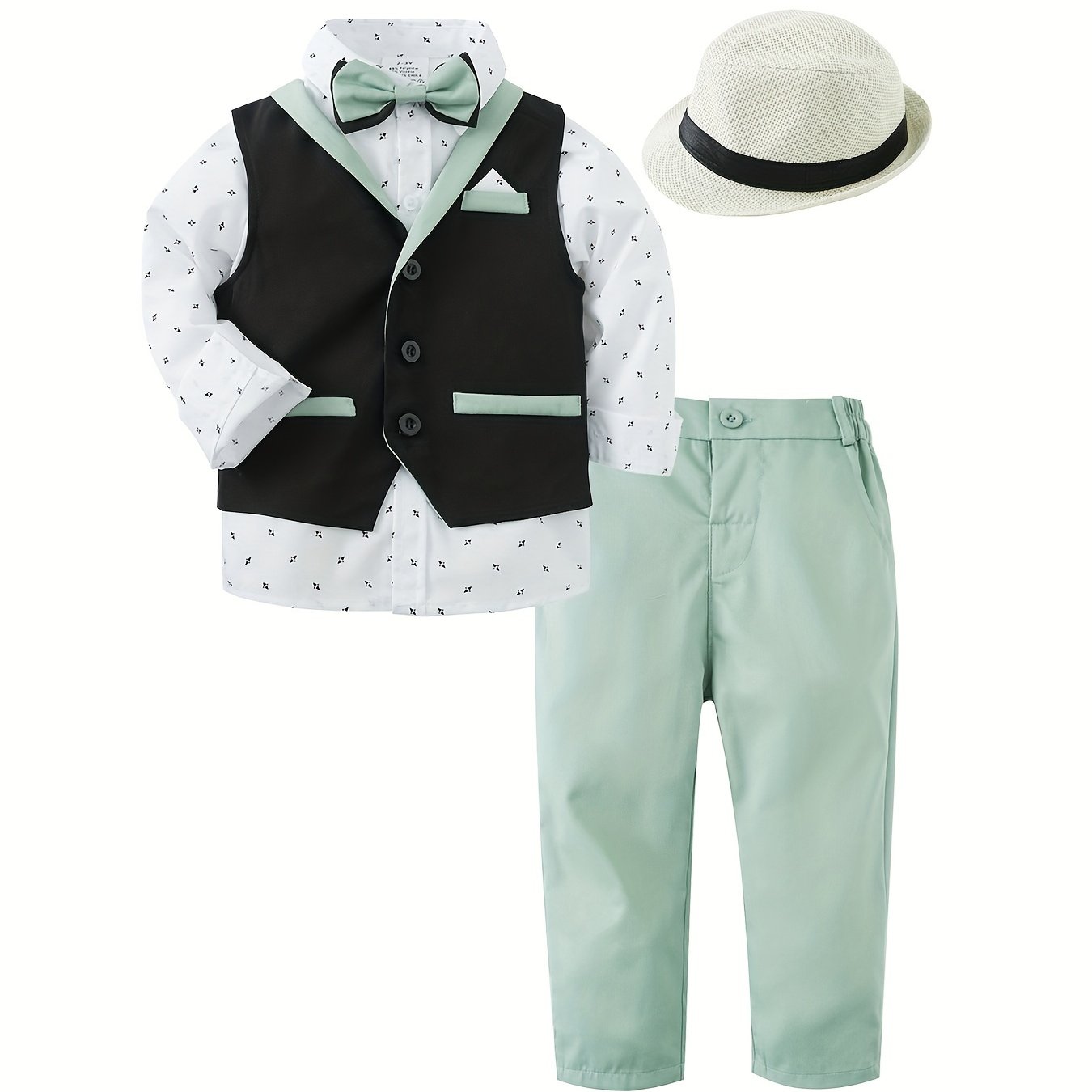 Image of Boy Super Long Sleeve Creative Print Shirt Double Black Vest Light Green Trousers Bow Tie Set Sun Hat Multi-piece Set Baby Birthday Gift Banquet Dress Hat Five-piece Set