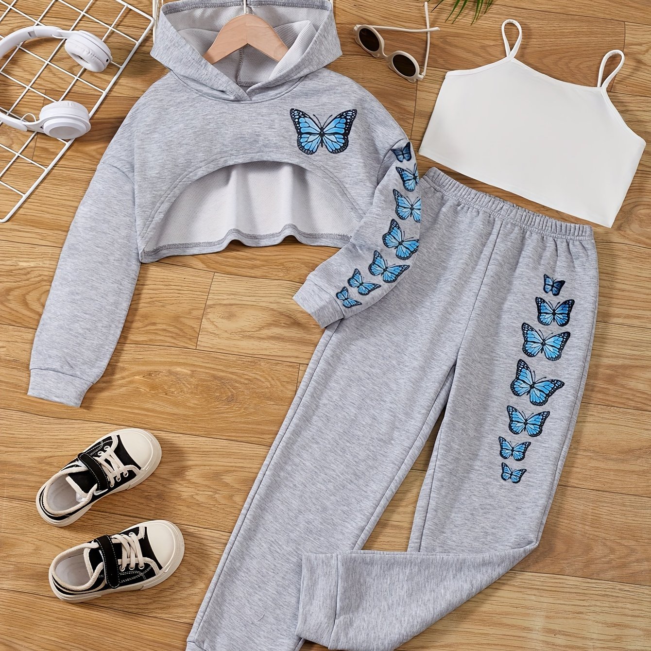 3pcs girls butterfly graphic outfits cropped hoodies tank top jogger pants set kids clothes sports gift
