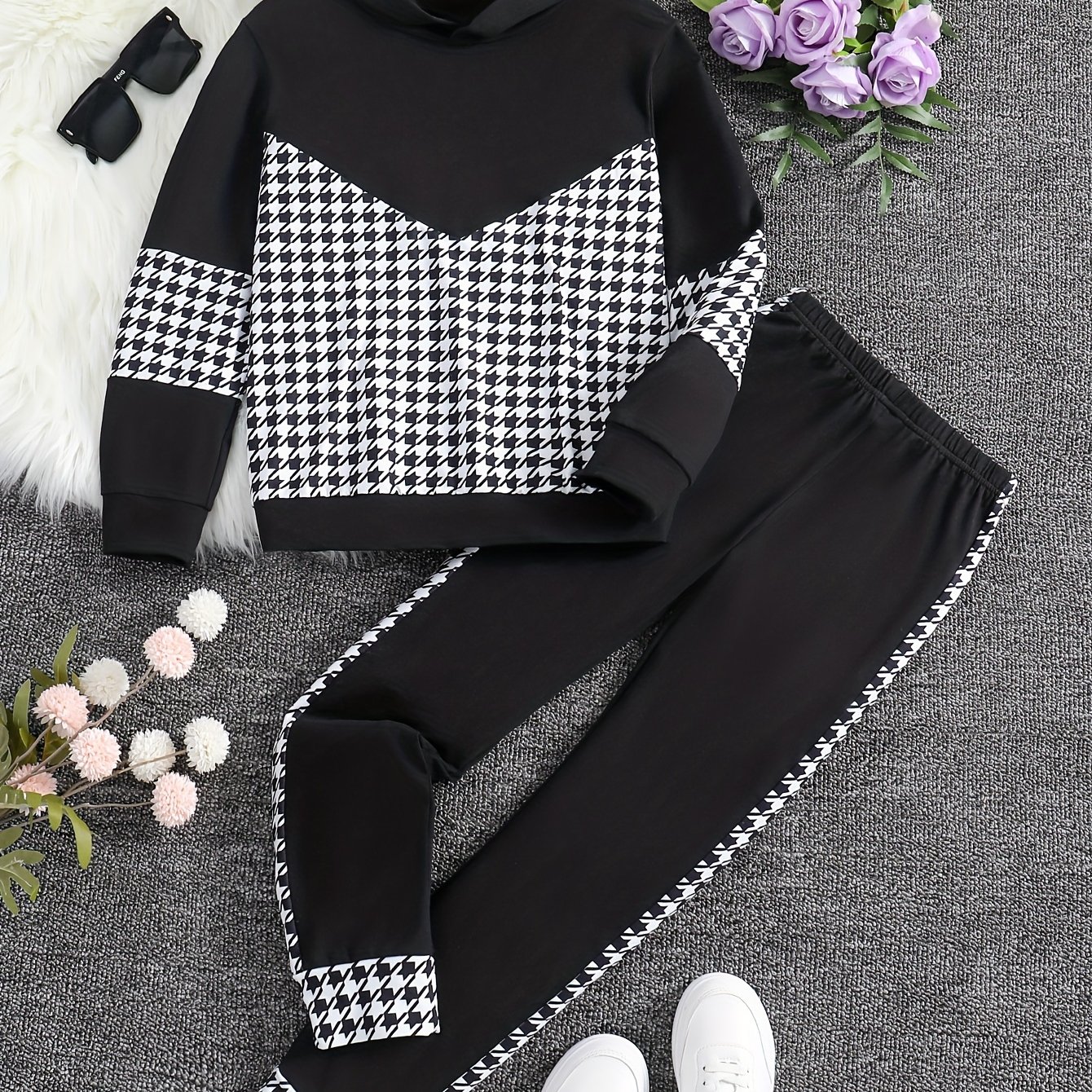 Image of Spring/autumn Season Casual Outdoor Hooded Long Sleeve Pattern Top And Pants Girls' 2pcs Set Long Pants Set, For Outdoor