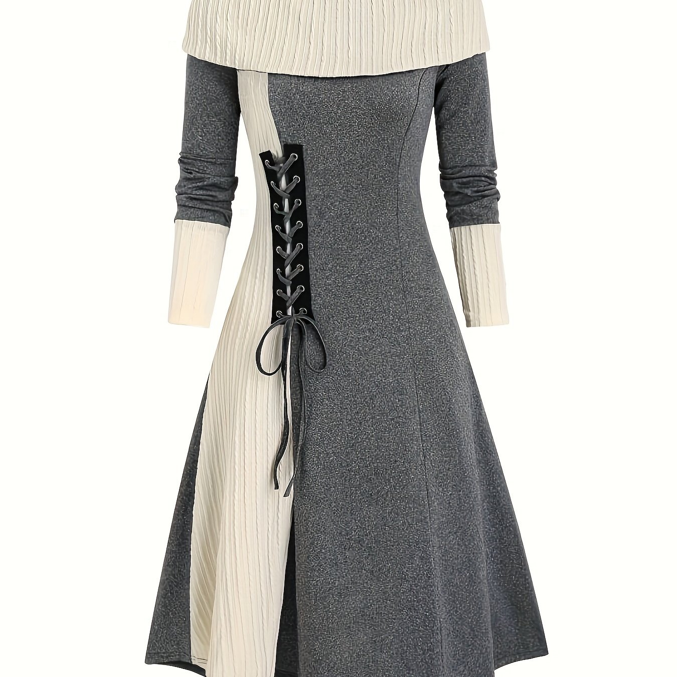 Color-block Lace-up Foldable Dress, Contrasting -line Boat Neck Long Sleeve Midi Robe Women's Dress