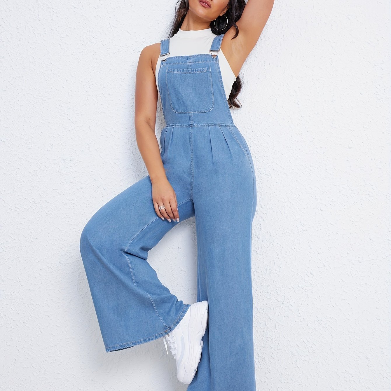 Blue Adjustable Straps Denim Jumpsuit, High Stretch Slim Fit Slant Pockets Denim  Overalls, Women's Denim Clothing - Temu