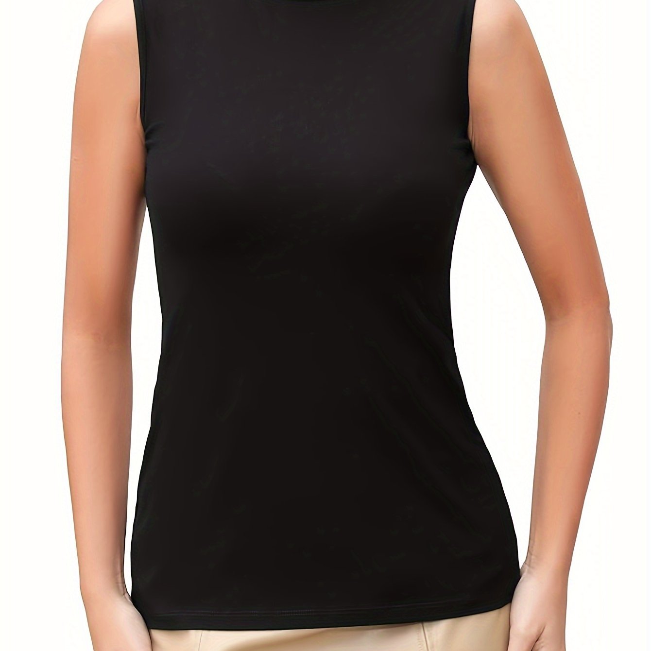 TEMU Solid Mock Neck Tank Top, Casual Sleeveless Slim Top For Summer, Women's Clothing