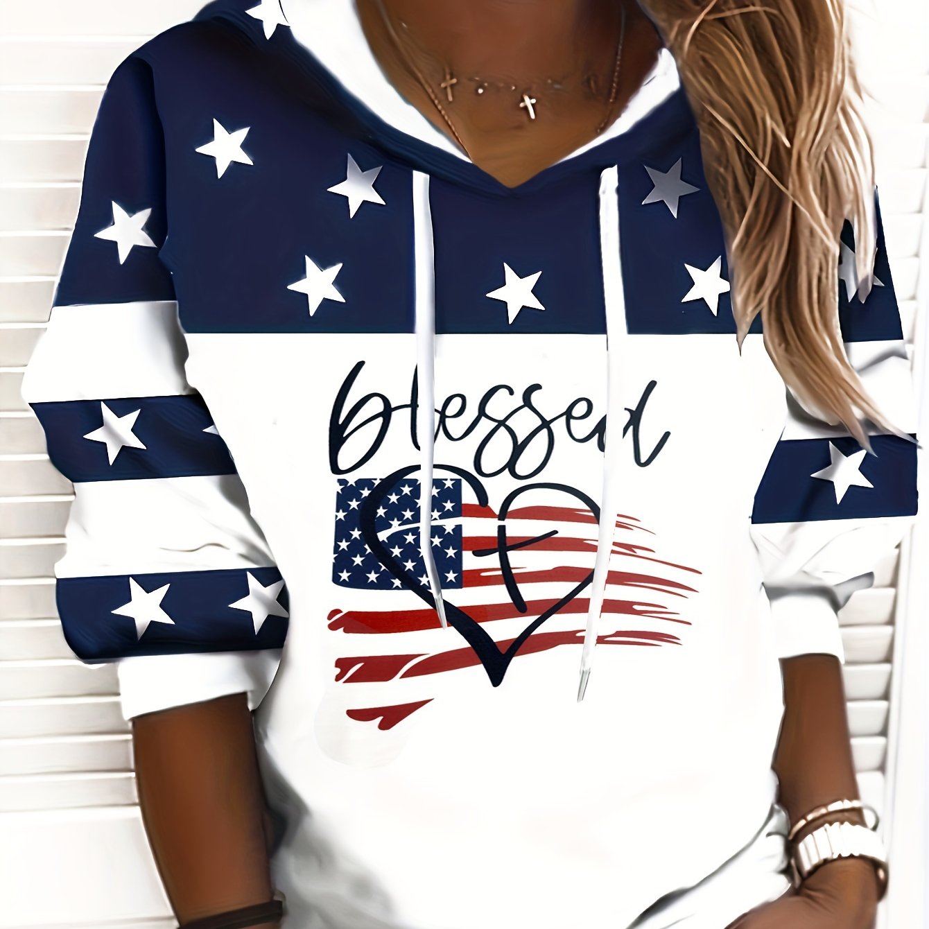 Image of Plus Size - Plus Size - Women's Hoodie Top Casual Cute Flag Print Sweatshirt Long Sleeved Round Collar Sweatshirt