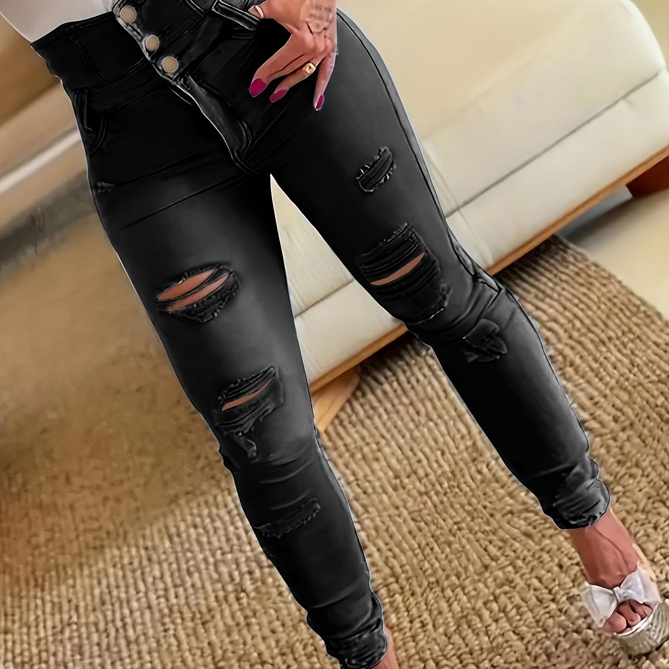 ripped holes casual skinny jeans, slash pockets distressed single-breasted button high waist denim pants, women's denim jeans & clothing light blue