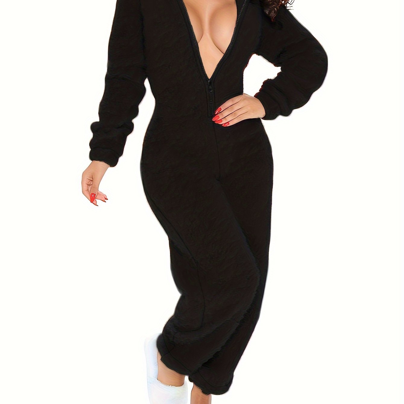 Solid Hooded Fuzzy Pajama Jumpsuit Music Festival Comfy Long