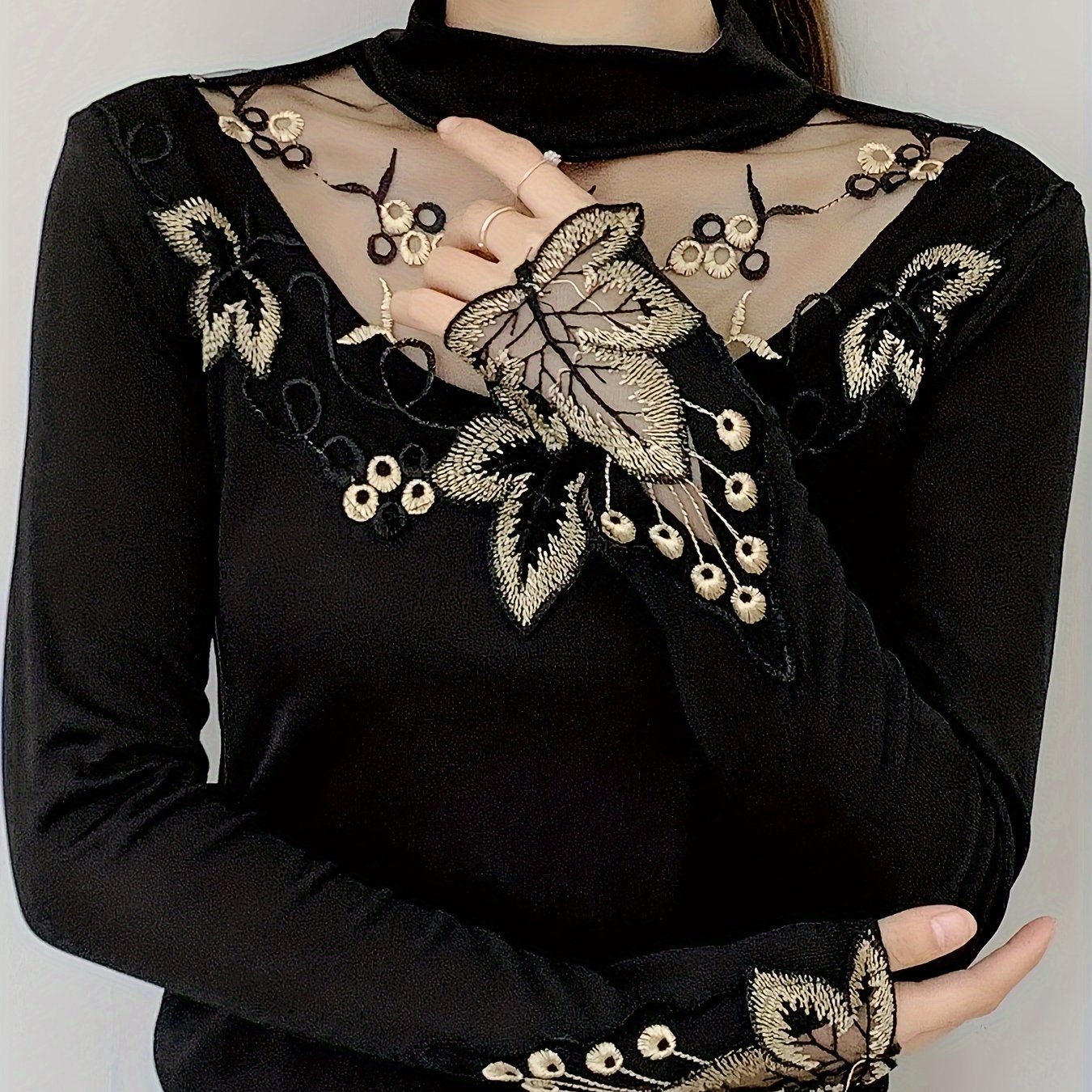 Image of European Style Sexy Spring/autumn T-shirt, Hollow Lace Base Shirt For Women, Fashionable Long Sleeve Top, Elegant Blouse For Outer Wear