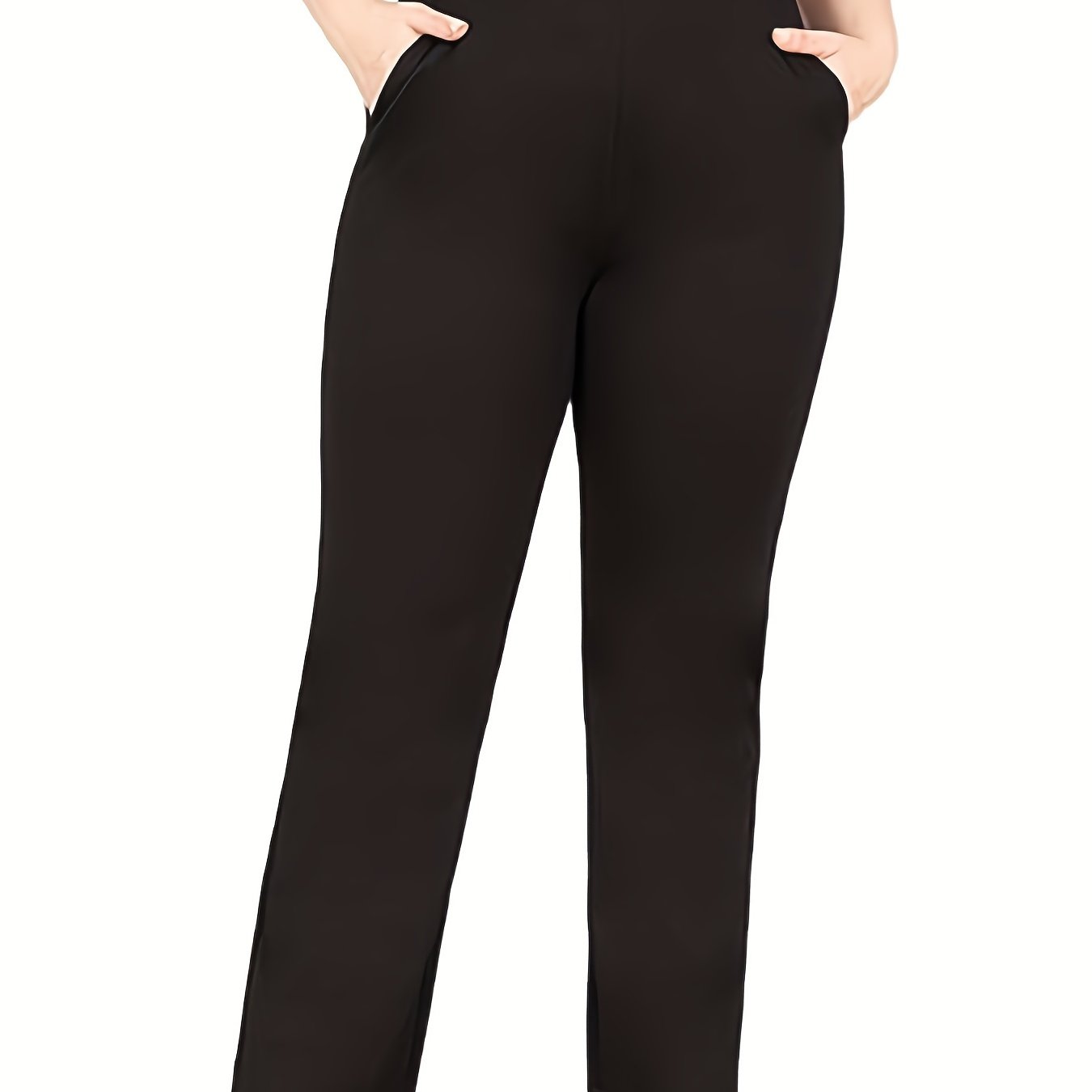 Plus Size Basic Pants, Women's Plus Solid Medium Stretch Workwear Trousers With Pockets