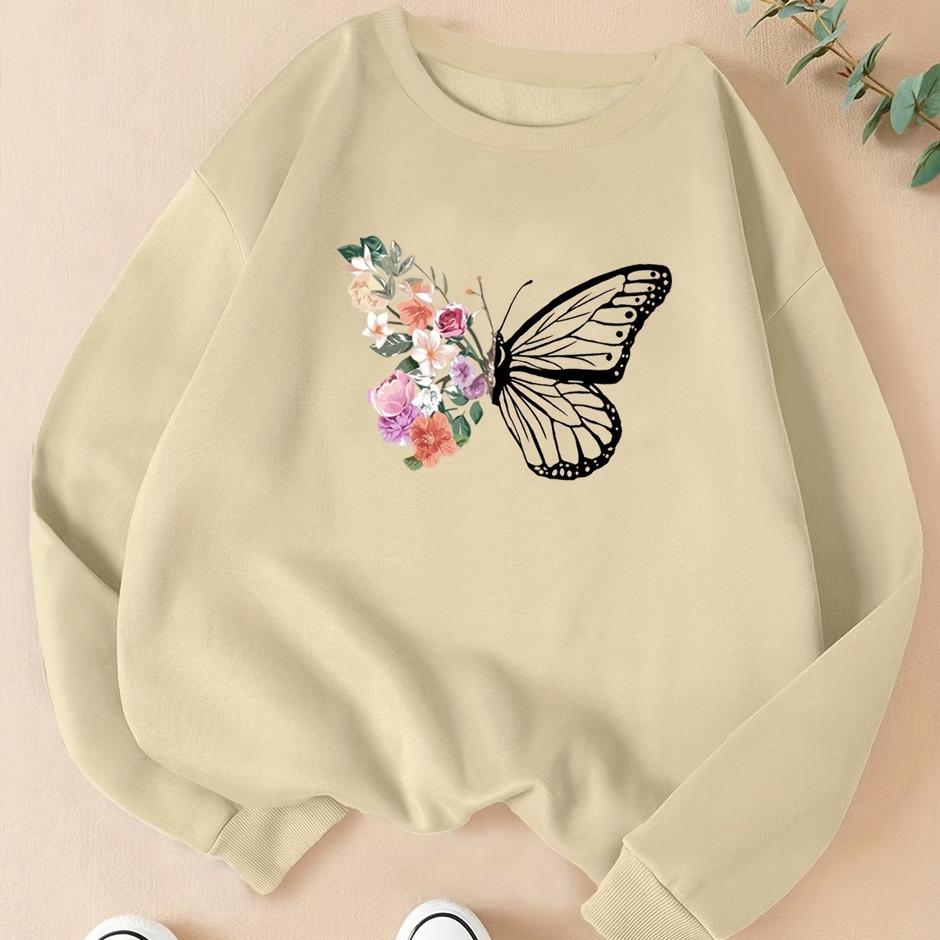 Butterfly and letter 2025 embroidered drop shoulder sweatshirt