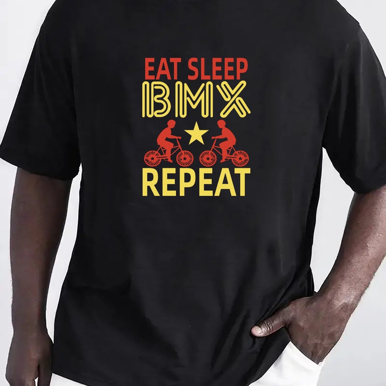 TEMU Bmx Cycling Print Men's Trendy Short Sleeve T-shirts, Comfy Casual Breathable Tops For Training, Jogging, Outdoor Activities