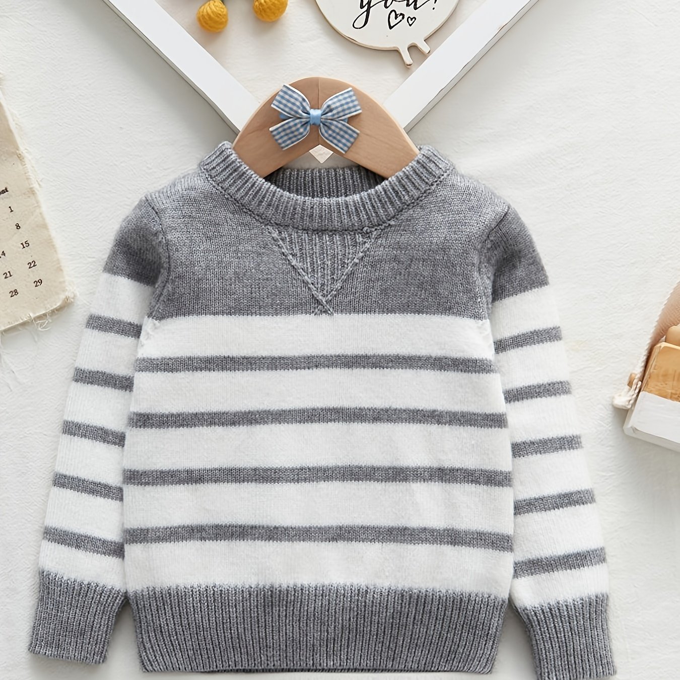 Boys' Striped Knit Pullover Sweater, Thickened Warm Style