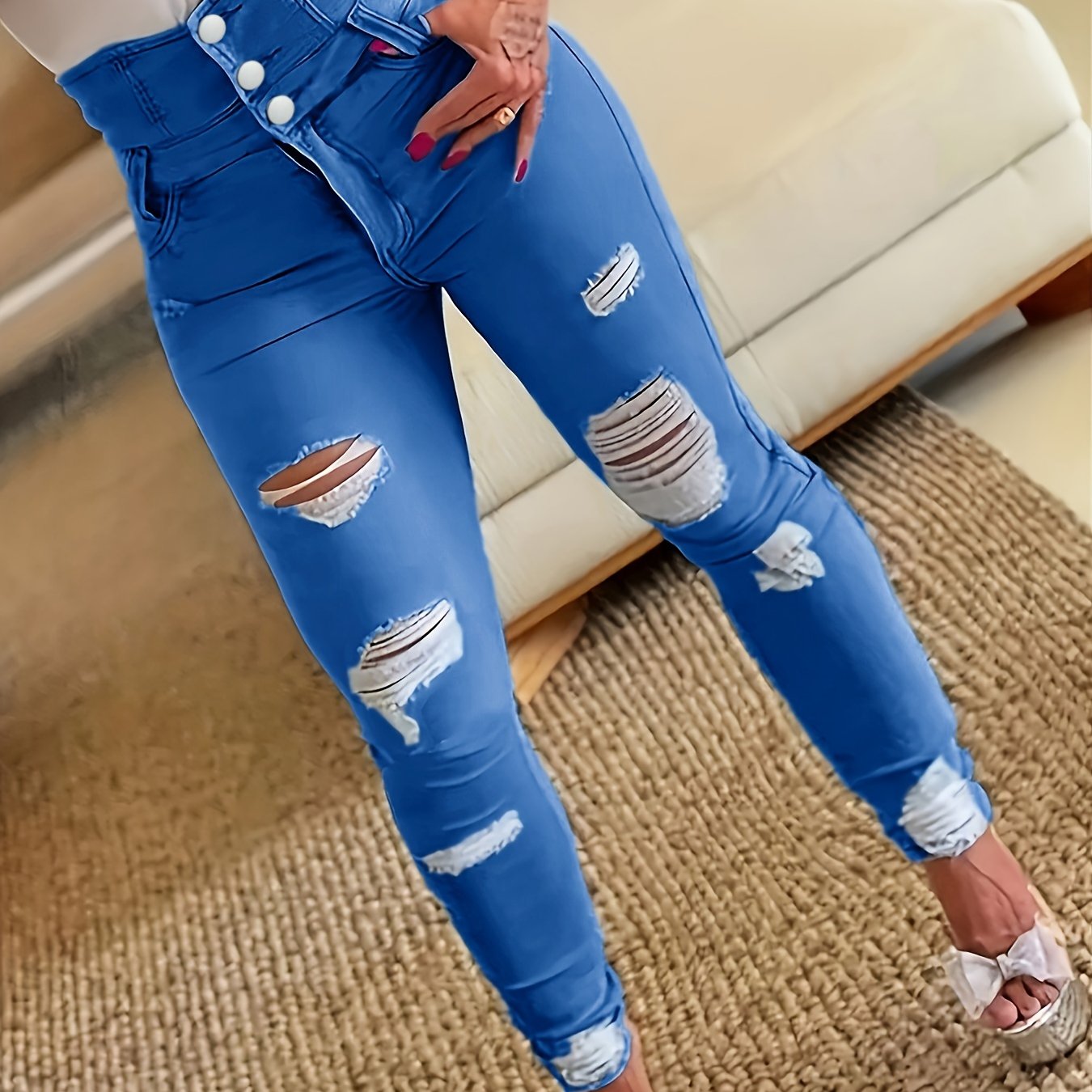 ripped holes casual skinny jeans, slash pockets distressed single-breasted button high waist denim pants, women's denim jeans & clothing light blue