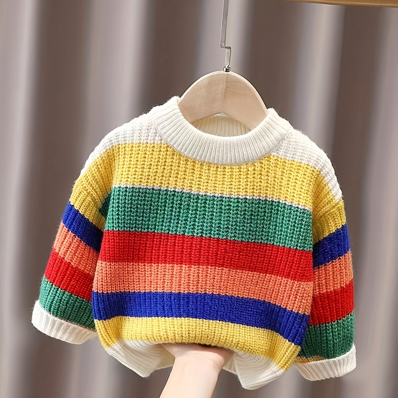 Image of Children's Striped Sweater Rainbow Round Neck Sweater Winter Thickened Boy Girl Baby Round Neck Loose Top Knit, Christmas, Halloween