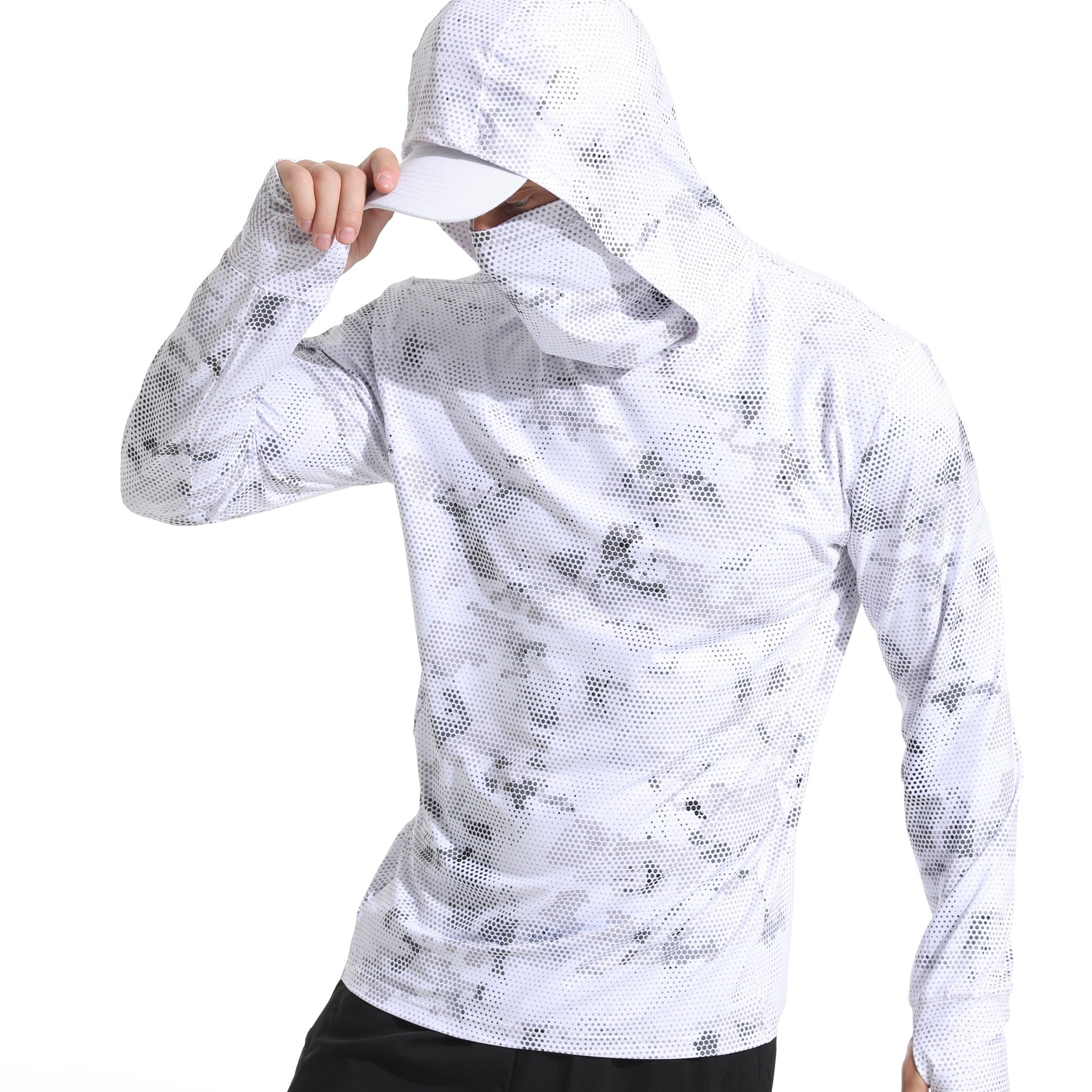 Men’s UPF 50 High Performance Fishing Shirt Cooling Hoodie Camo Long Sleeve Shirt with Mask UV Protection Neck Gaiter Hoodie,Temu