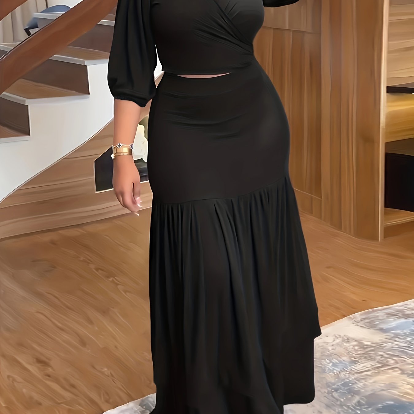 Plus Size Solid Color Casual V-neck Long Sleeve Set