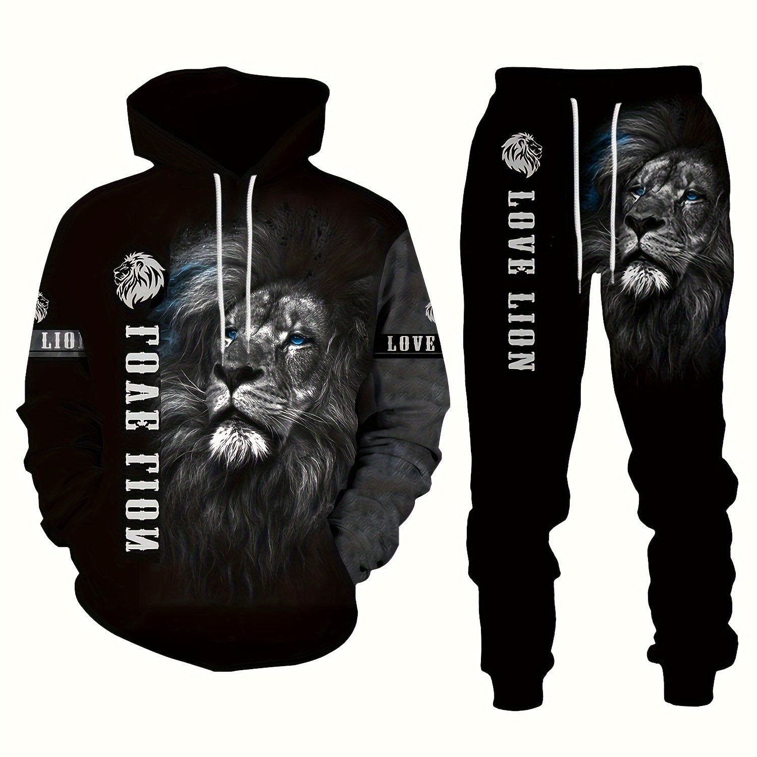 Men's 3d Lion Print Sweatshirt Sweatpants Set Oversized - Temu