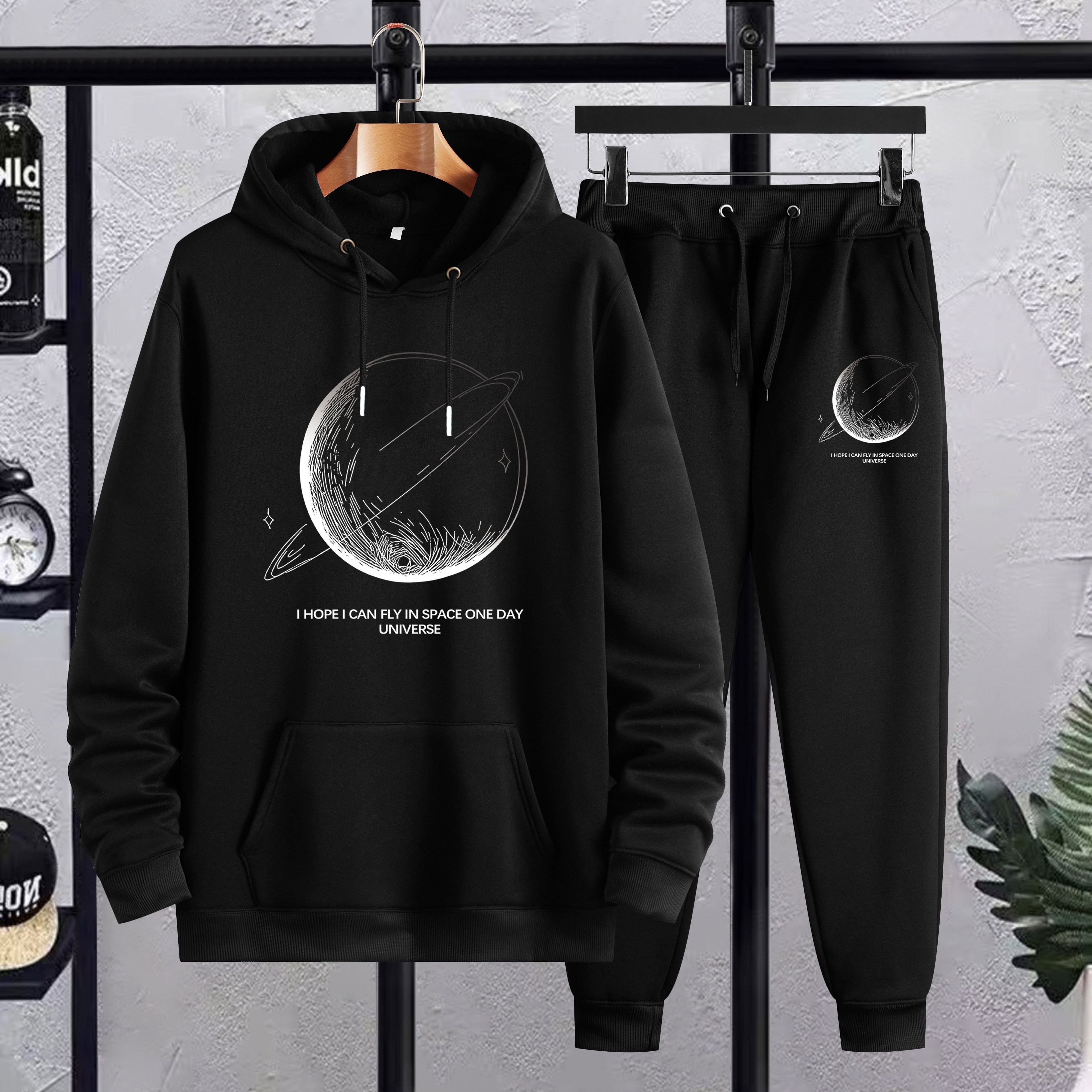 TEMU Plus Size Men's Planet Print Hooded Sweatshirt & Sweatpants Set For Winter, Men's Clothing