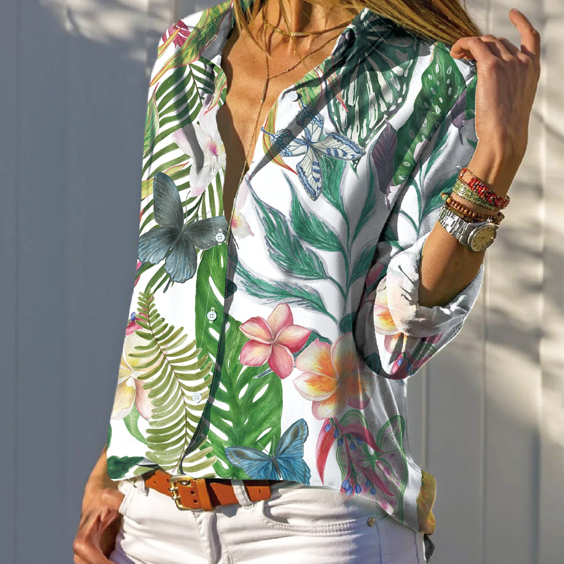 Original Print Holiday Elegant Casual Women's Shirt Trend Small Lapel Flower Women's Regular Coat Business All-match Long-sleeved Shirt