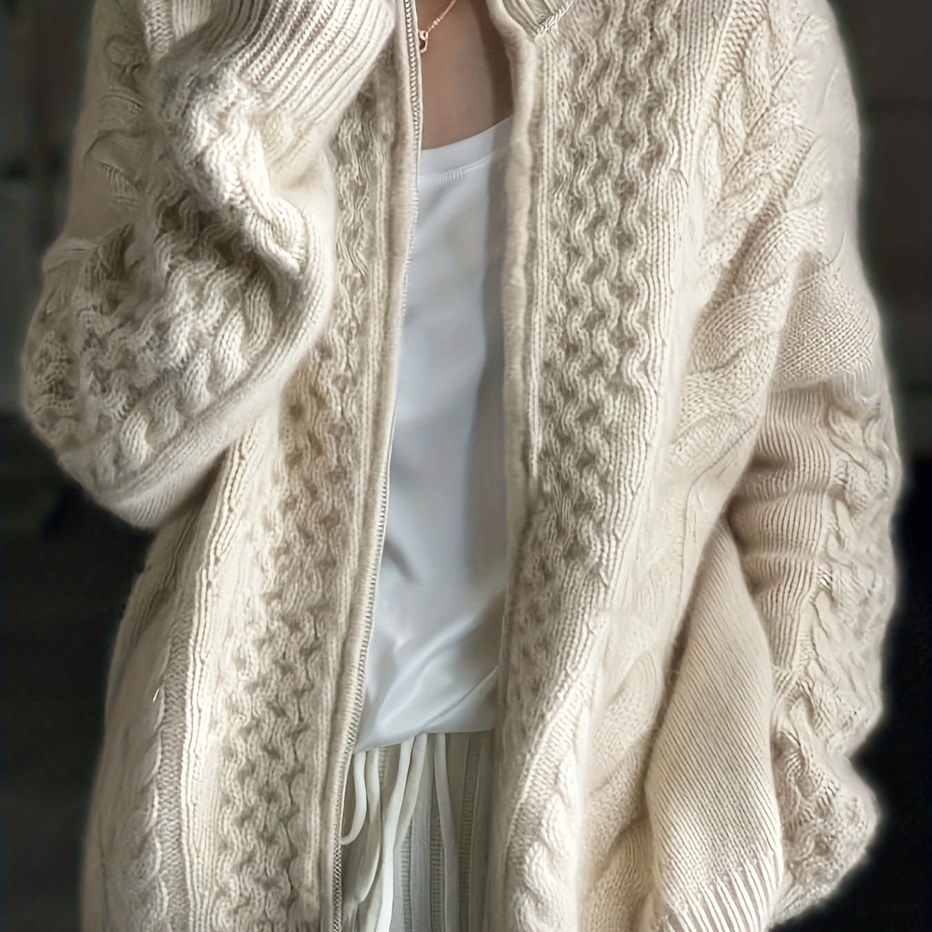 Cable Knit Zip Up Loose Cardigan, Casual Long Sleeve Turtle Neck Sweater  Coat, Women's Clothing