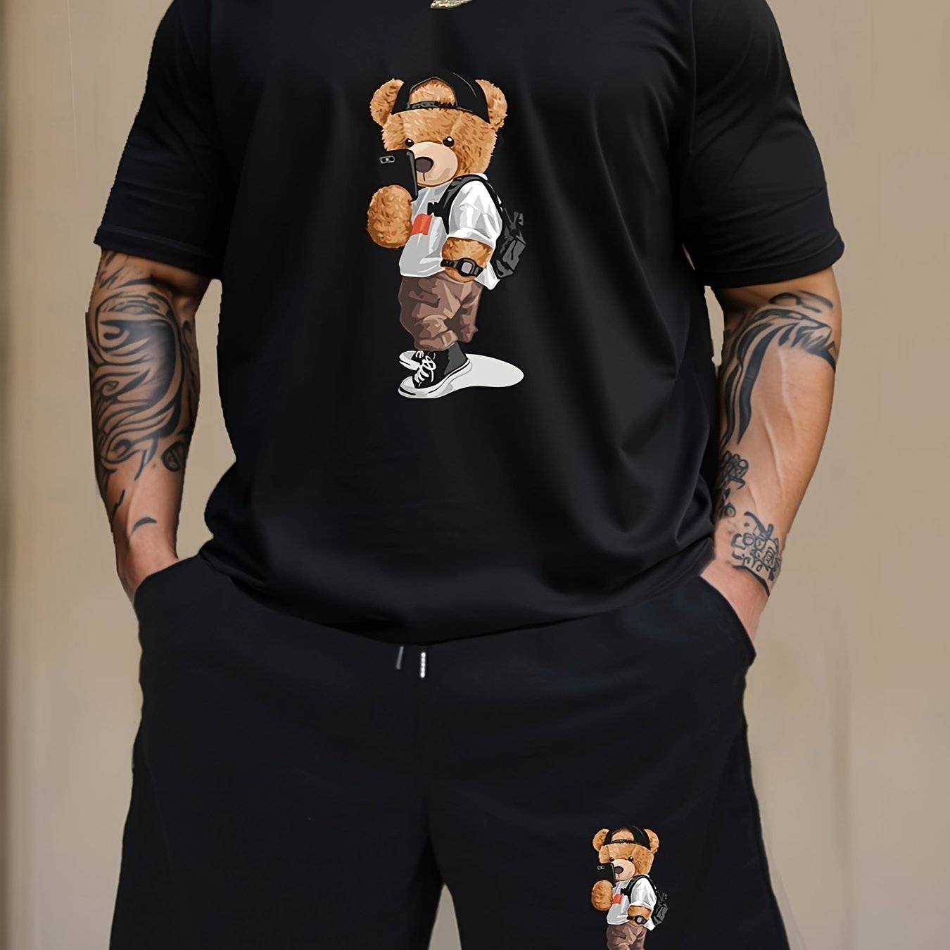 TEMU Cartoon Bear Drawing Print Shorts And Top Men's Pajama Set