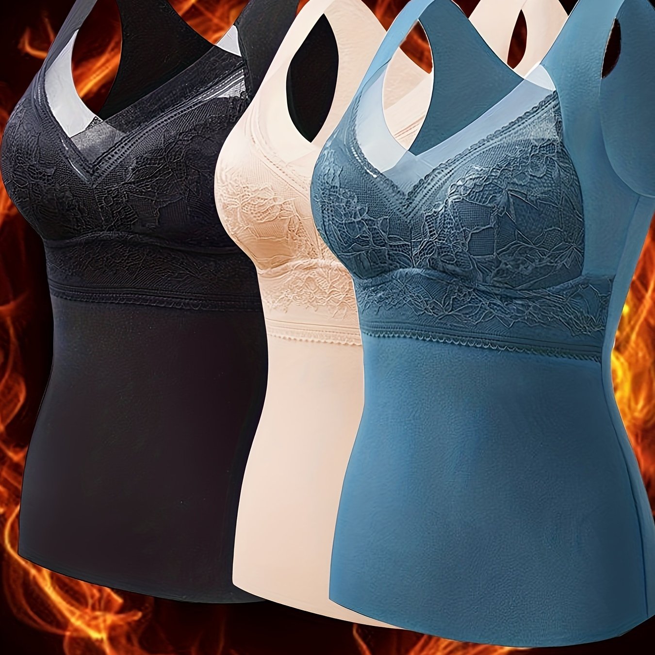 3pcs Contrast Lace Thermal Tops, Soft And Comfortable V-neck Sleeveless Top, Women's Lingerie And Sleepwear