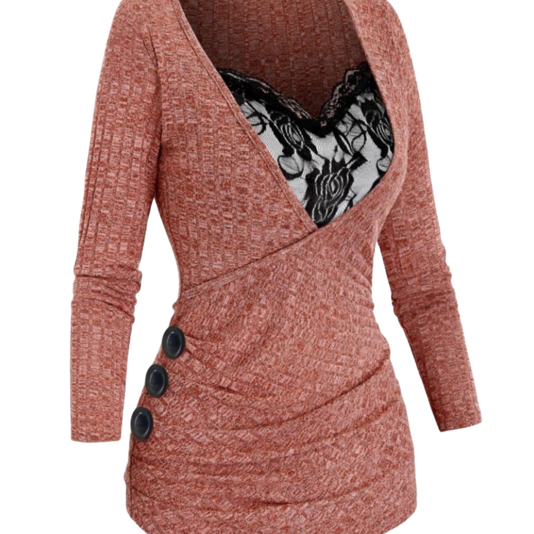 Retro Women's Lace Stitching Fake Button Pleated Mixed Color T-shirt Top