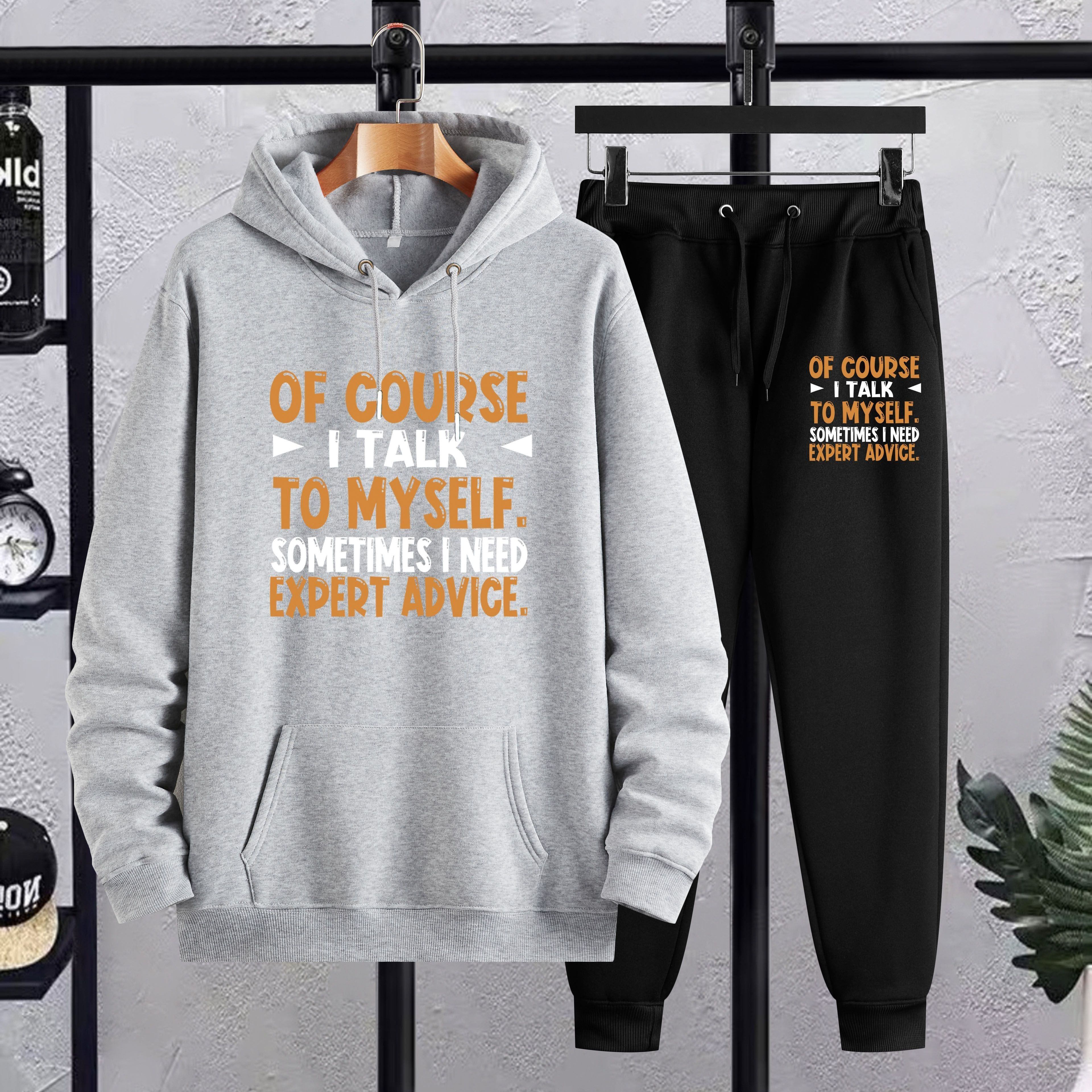TEMU Plus Size Men's " I " Print Hooded Sweatshirt & Sweatpants Set For Winter, Clothing For Males