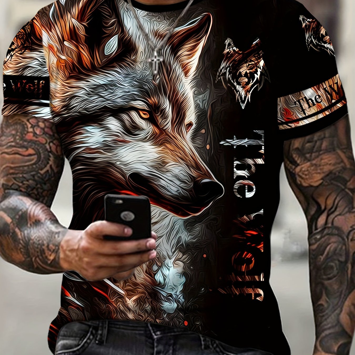 Image of Wolf Print, Men's Short Sleeve Novelty T-shirt, Stylish Tees For Autumn, Mens Clothing
