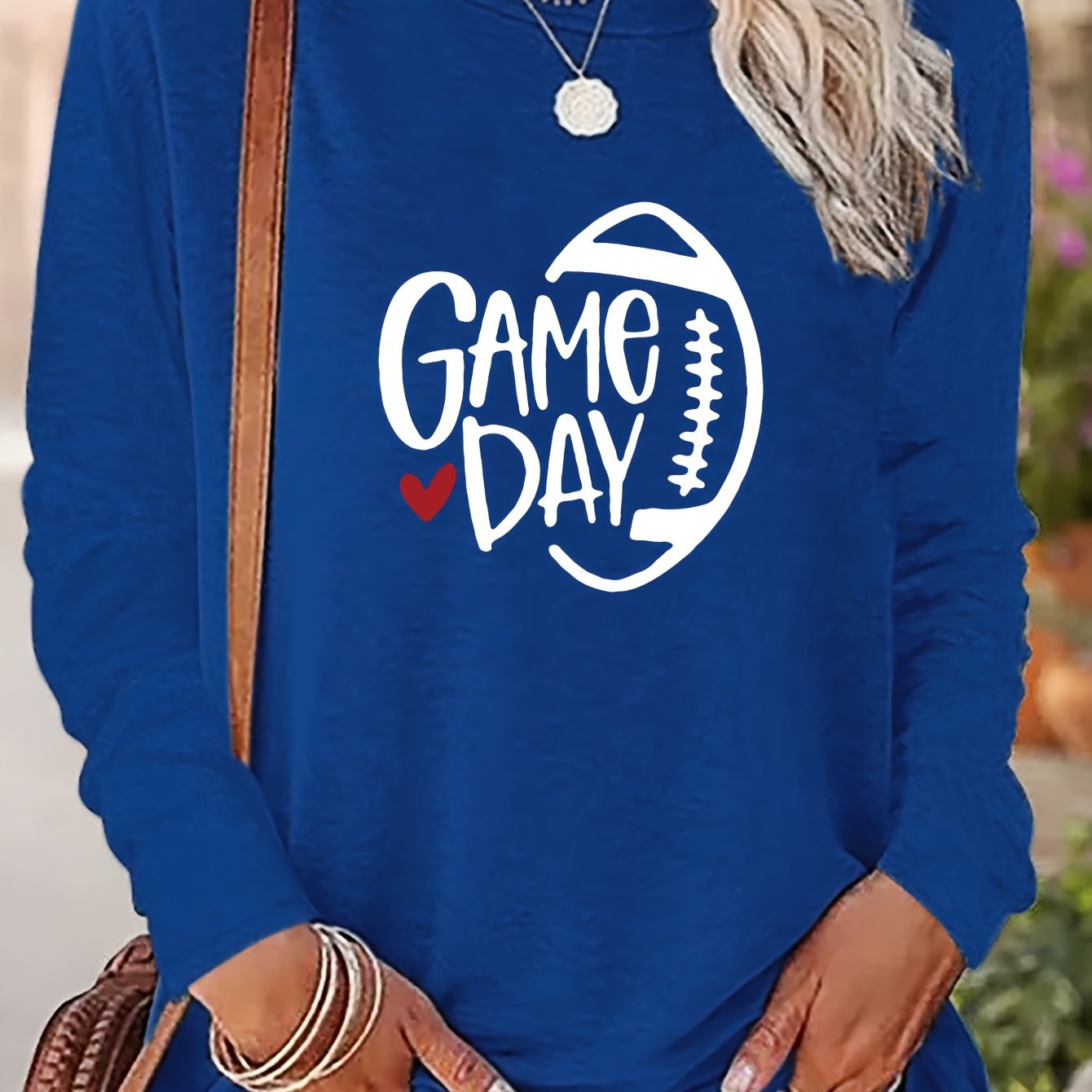 Football Game Day Print T-shirt, Casual Crew Neck Long Sleeve Top, Women's  Clothing