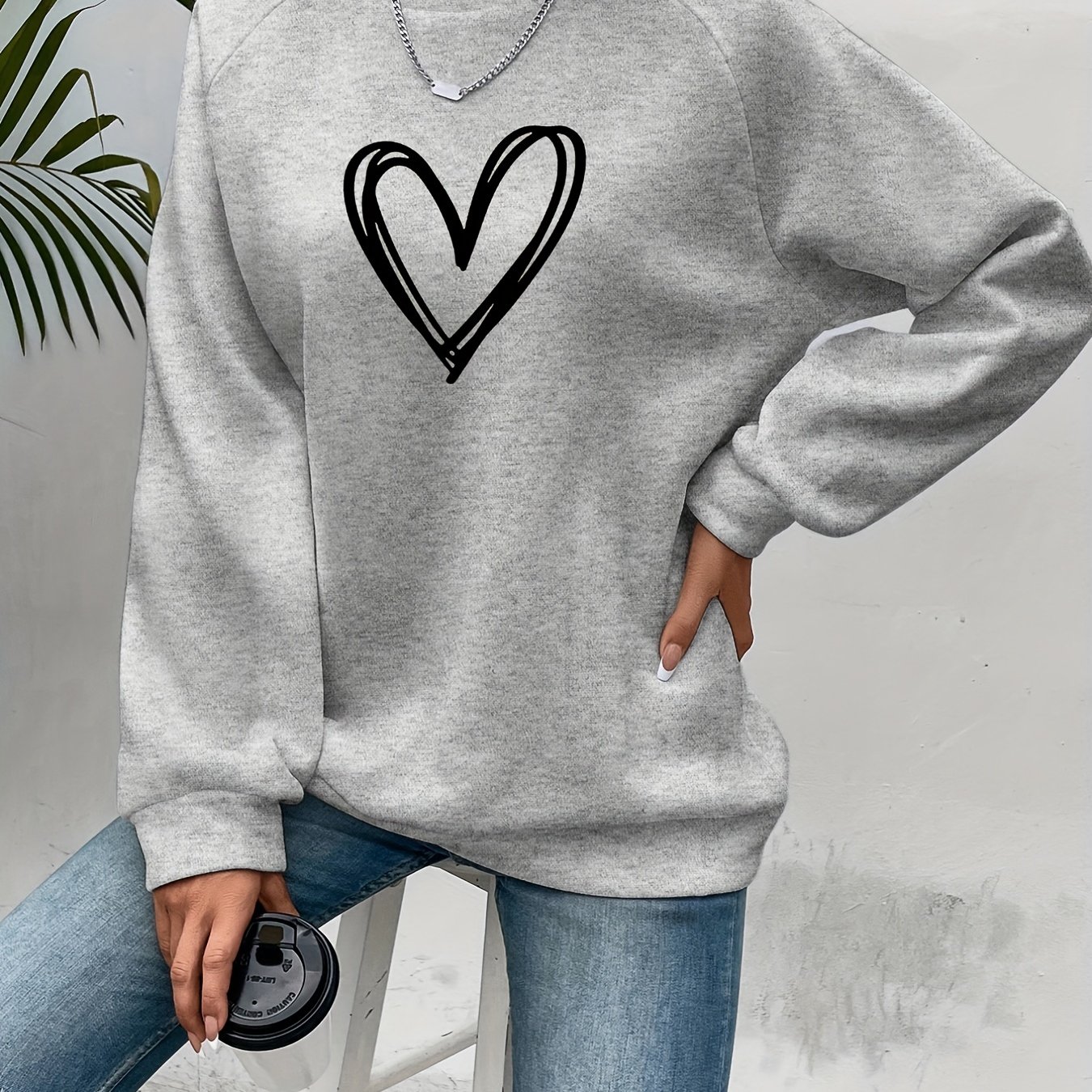 TEMU Heart Print Pullover Sweatshirt, Casual Long Sleeve Crew Neck Sweatshirt For Spring & Fall, Women's Clothing