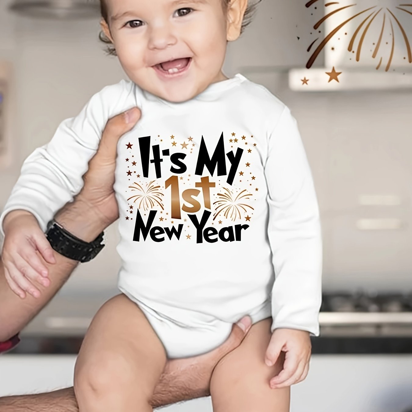 Image of Baby Boy Baby Girl Infant Triangle Romper Happy New Year My 1st First New Year New Year Fireworks Letter Print Newborn Cute Long Sleeve White Crawling Suit Onesies, For Outdoor