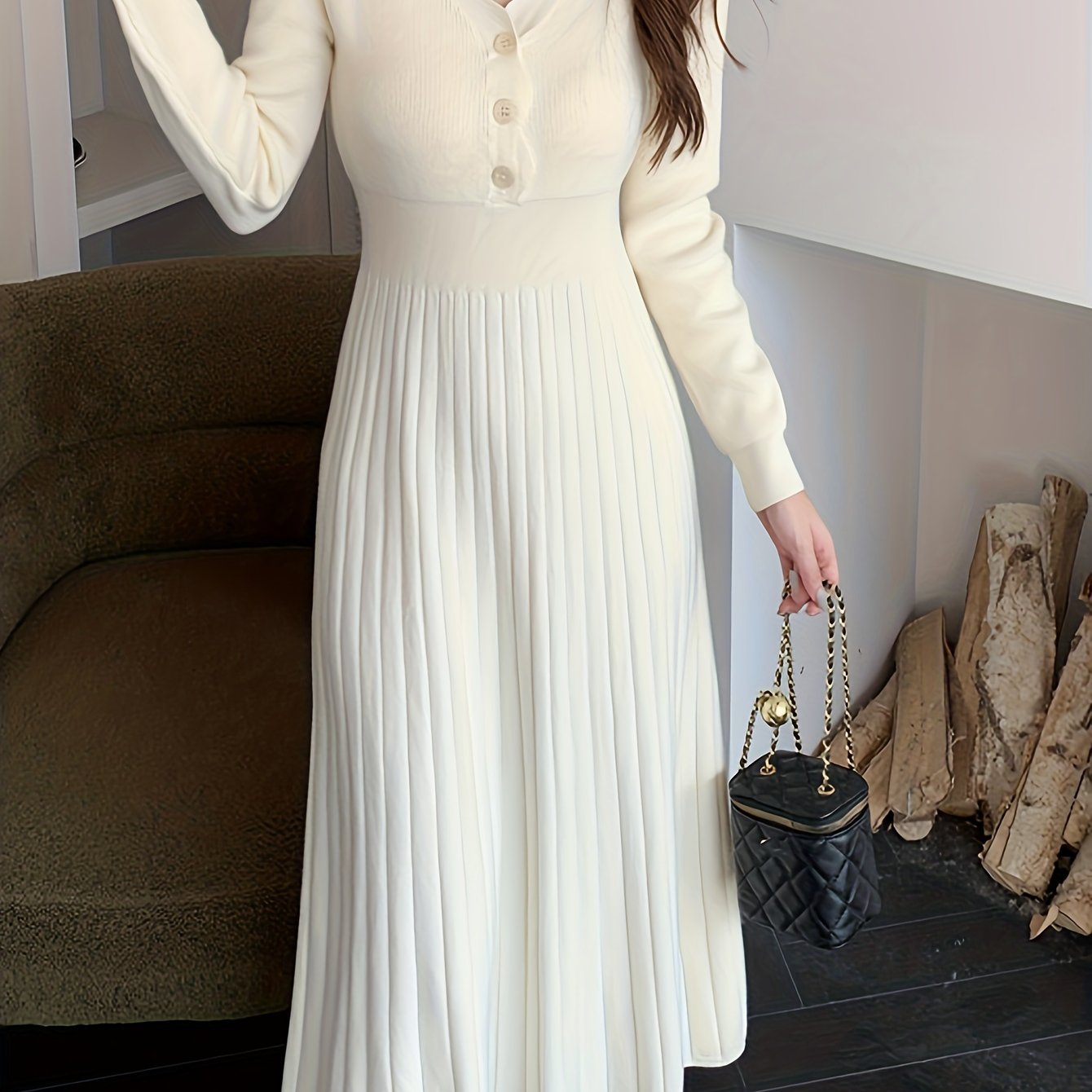 Button Front V neck Sweater Dress Solid Long Sleeve Dress - Temu