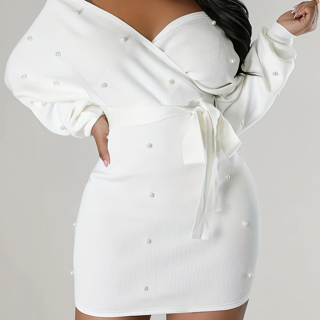 Image of Embellished Fitted Dress, Relaxed Long-sleeve Plain Off-shoulder Outfit, Ladies' Apparel