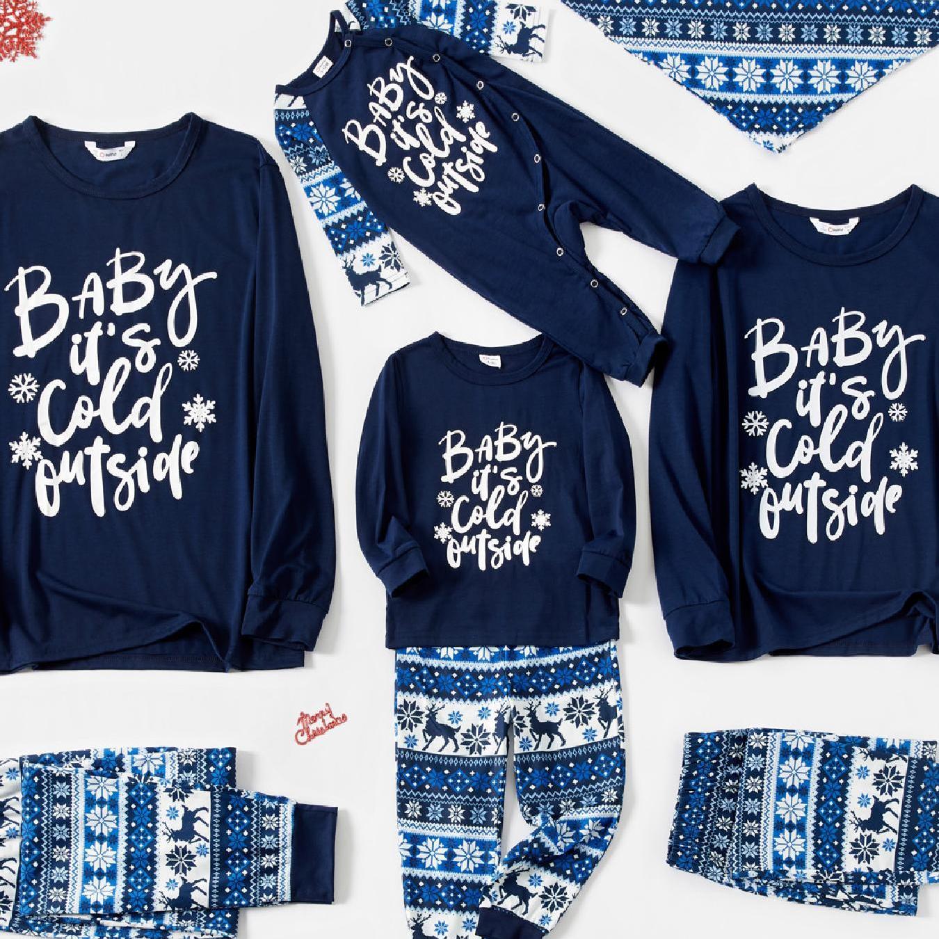 Christmas Cartoon Santa and Letter Print Blue Family Matching Long-sleeve Pajamas Sets (Flame Resistant)