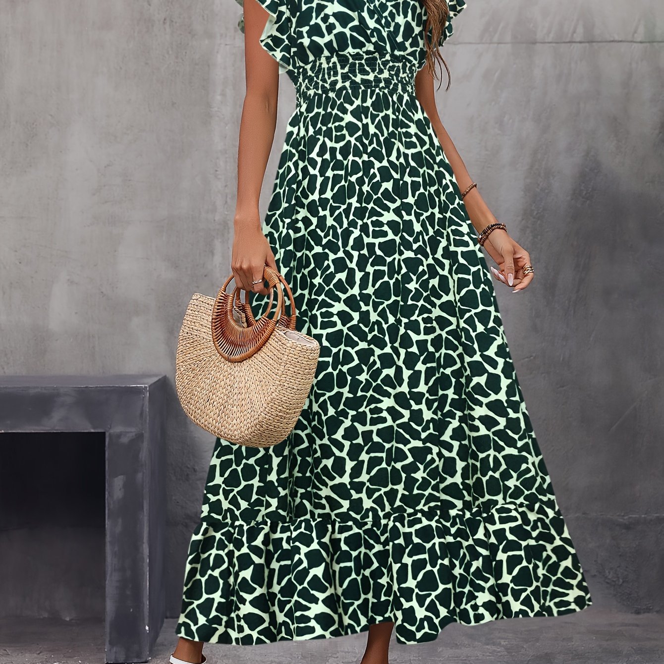 Plant Print Ruffle Trim Dress Vacation V Neck Shirred Waist - Temu Canada