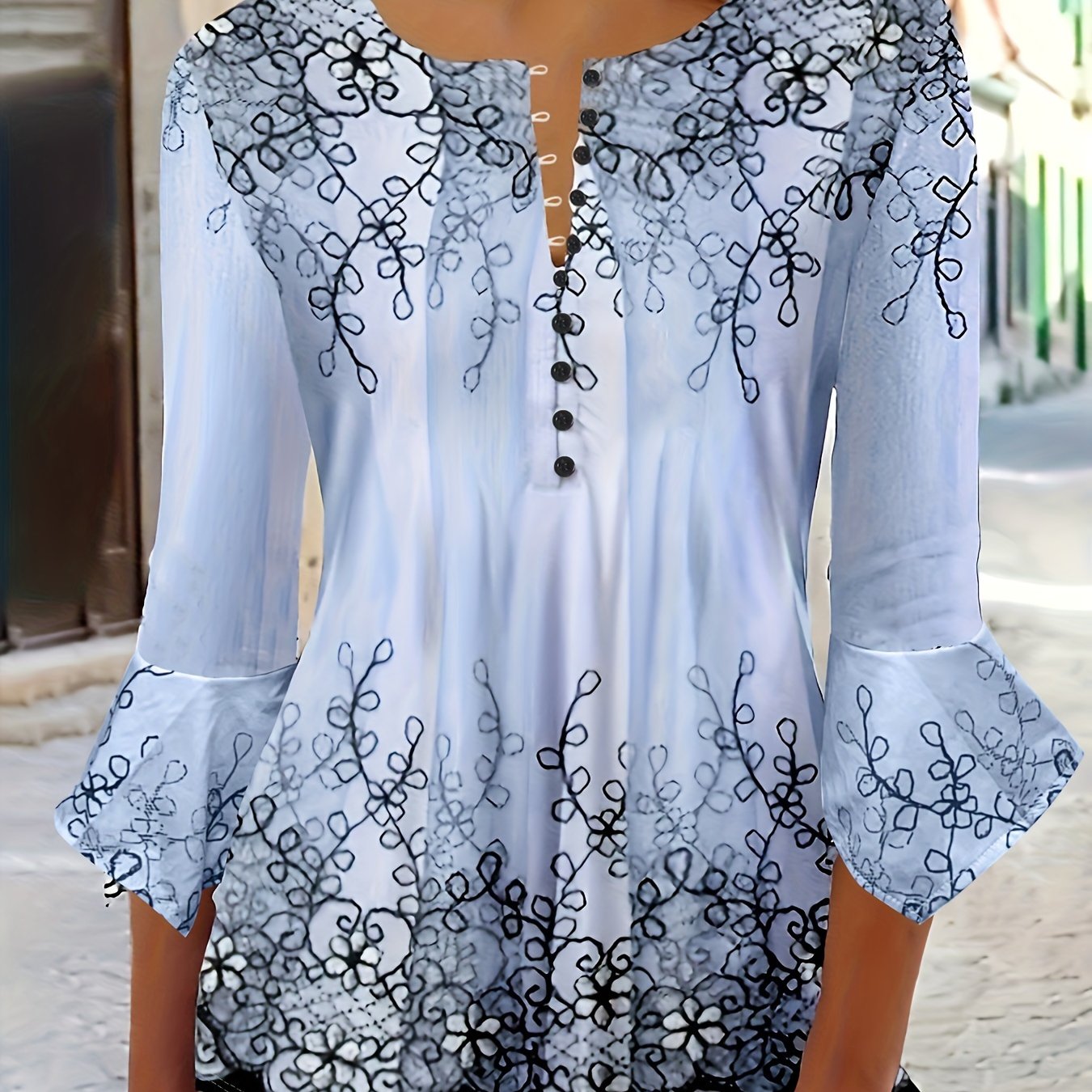 E-shop Bluse mit floralem Muster und Knopfleiste, lässige Bluse mit Rüschenbesatz an den halben Ärmeln, Damenbekleidung